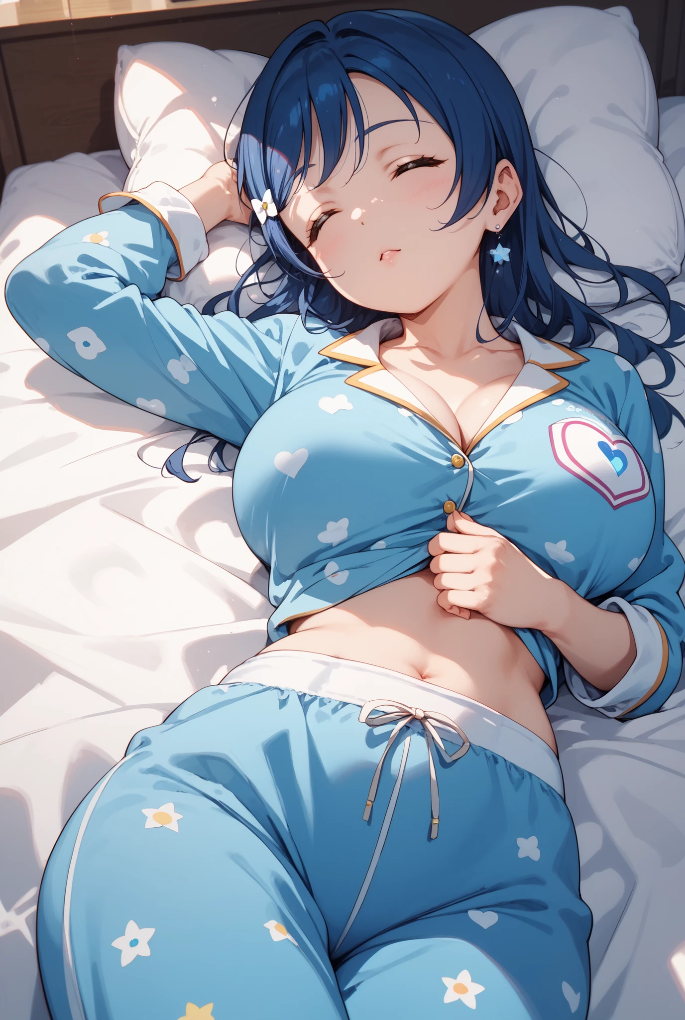 A sleeping girl 1.60 meters of navy blue hair, tight blue pajamas and very large breasts and thighs