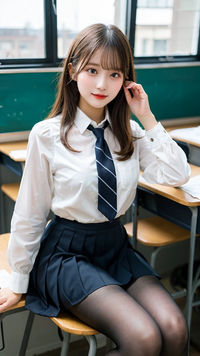 barefoot、sit barefoot on a chair、ponytail、In the classroom、Brown Color Hair、Tying up hair、Multicolored Hair、short hair、((Pleated skirt、White shirt、tie))、(Sexual Ecstasy)、Highest quality, Realistic, Super delicate illustration, Beautiful and attractive girl, Slender body, Tied Hair, One Girl, Girl Photos, Full Body Shot, Beautiful Eyes, ((M-shaped feet、Showing panties))(pubic)、(((Please spread your legs wide)))、Big Breasts(((Baby Faced Girl))JK、とてもRealistic、Her breasts are so big they're about to pop out of her shirt、A cute child-like face、Cleavage、((short hairー))