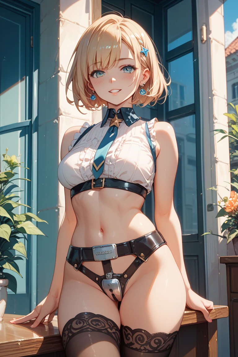 (Masterpiece, best quality, high resolution: 1.4), detailed, intricate details, 4K, color splashes, line drawing, art, fibonacci, 1 girl, very short hair, blonde hair, tight clothing, transparent white tights, short skirt, black skirt, lace, petty smile, hand above head and behind back, armpit, sleeveless, short shirt, medium chest, tattoo on all body, tattoo on pubis, standing on the roof of a skyscraper, showing her pink panties, wet panties, transparent panties, pubic hair, navel