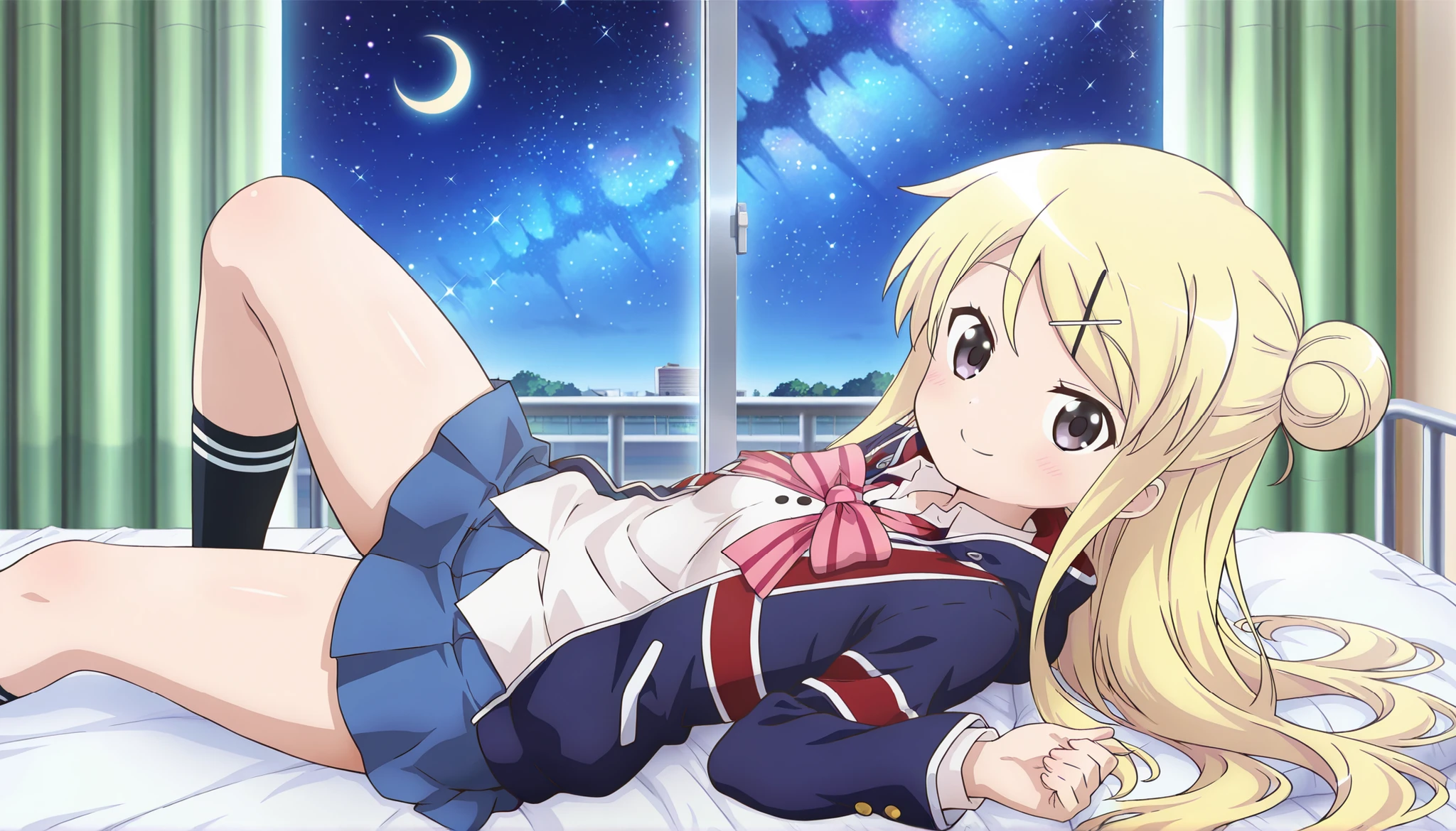 dropout of high school and depression bedridden 1girl , smile thick thighs Kujou Karen very long hair , blonde hair , single hair bun , hairclip , x hair ornament , sidelocks , side swept bangs , black eyes , white shirt , collared shirt , union jacket , pink bowtie , neck ribbon , pink ribbon , long sleeves , small breasts , miniskirt , blue skirt , black socks ,thick thighs, smile,crescent moon, stars (sky),looking at viewer,Infirmary,bed,knee up,lying on a futon