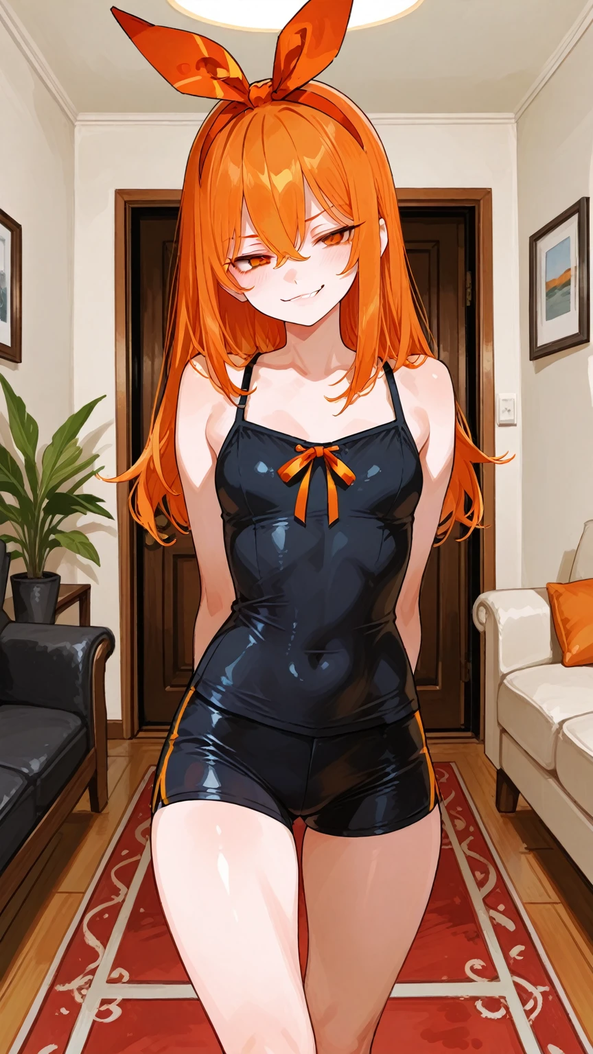 (masterpiece:1.2), best quality, high resolution, asuka, 1girl, solo, long hair, open mouth, blue eyes, underwear, bra, orange hair, lingerie, blush, smile, <lora:anime:1>