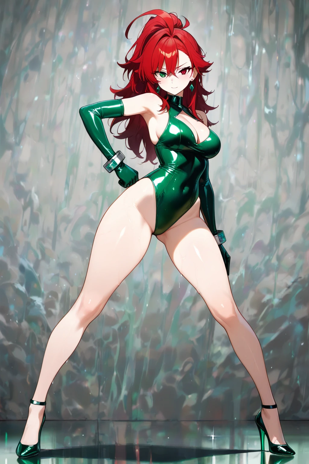 uzumaki_kushina,massive big breasts, medium thighs, medium ass, solo, green shirt,shirt up,navel, cleavage,bellybutton,ponytail,tight dress, short skirts, masterpiece, best quality, detailed face, detailed eyes, highres, (masterpiece:1.4, best quality:1.2), (Highres), (Detailed Illustration), Ultra-Detailed, konohagakure, leg spread,looking in front, smiling playfully with a mischievous glint in the eyes, standing 