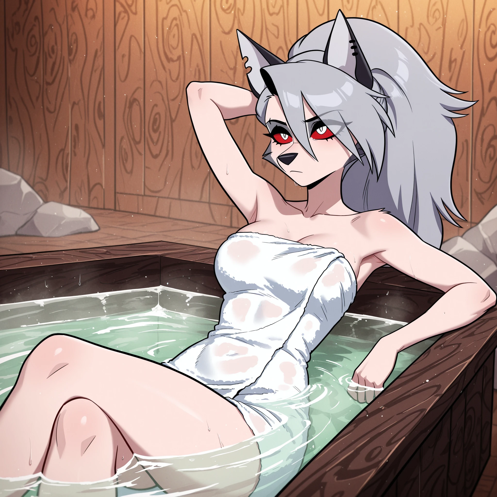 Diederich, wolf, female, long hair, blue eyes, smiling, sitting in a hot tub, busty, round , pink nipples, naked, fully naked, no clothes, nudity, wet, outside, night time, stars and galaxy, Aurora borealis, hd 8k 