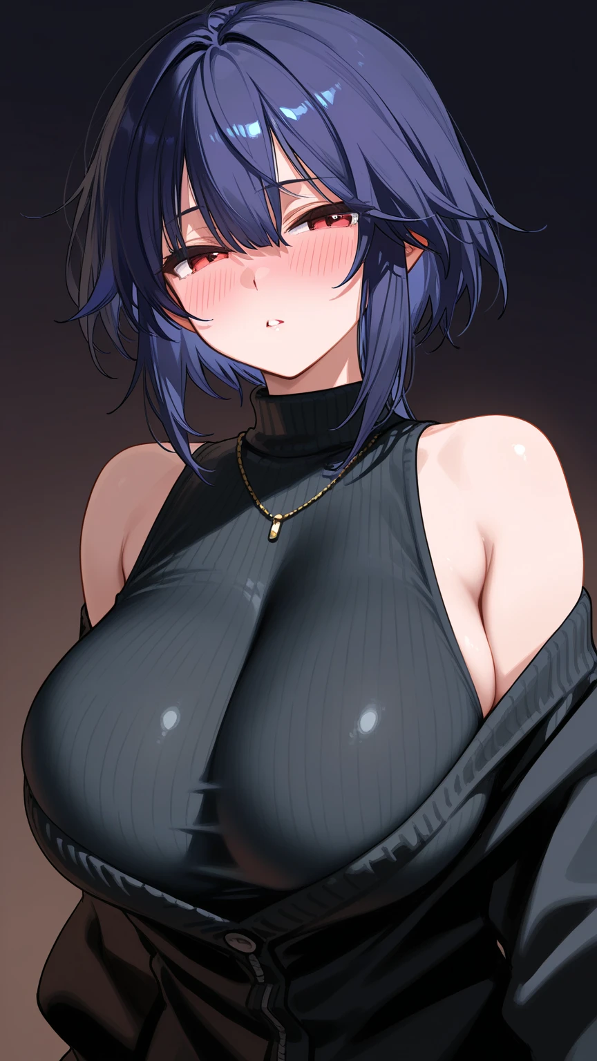 (best quality, highres, masterpiece : 1.4), (flatten art : 0.8), masterpiece, (best quality), 1woman, anime, deep blue hair hair, fair skin, faint yelllow eyes, medium sized breast, faint smile, (detailed face), black dress, close-up, alluring, dynamic angle, eyes to the viewer