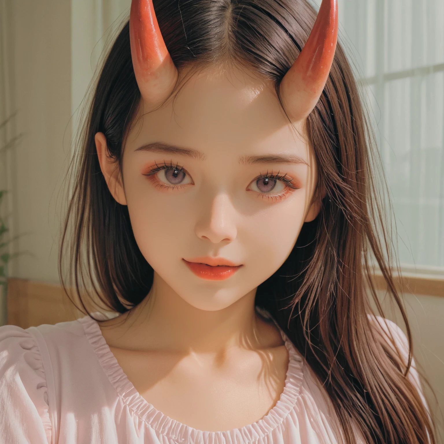 there is a woman in a red dress with horns on her head, realistic