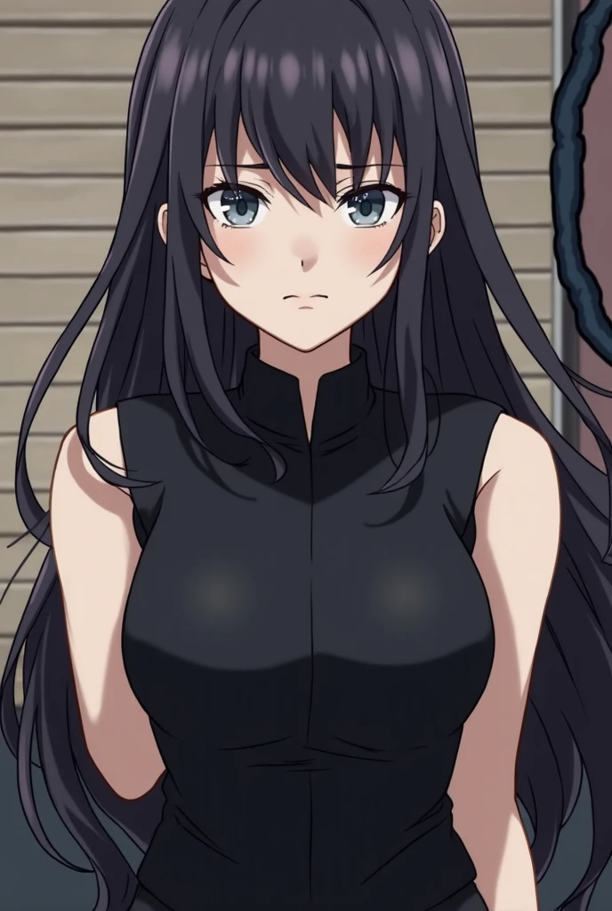 A beautiful black haired woman whit a black dress