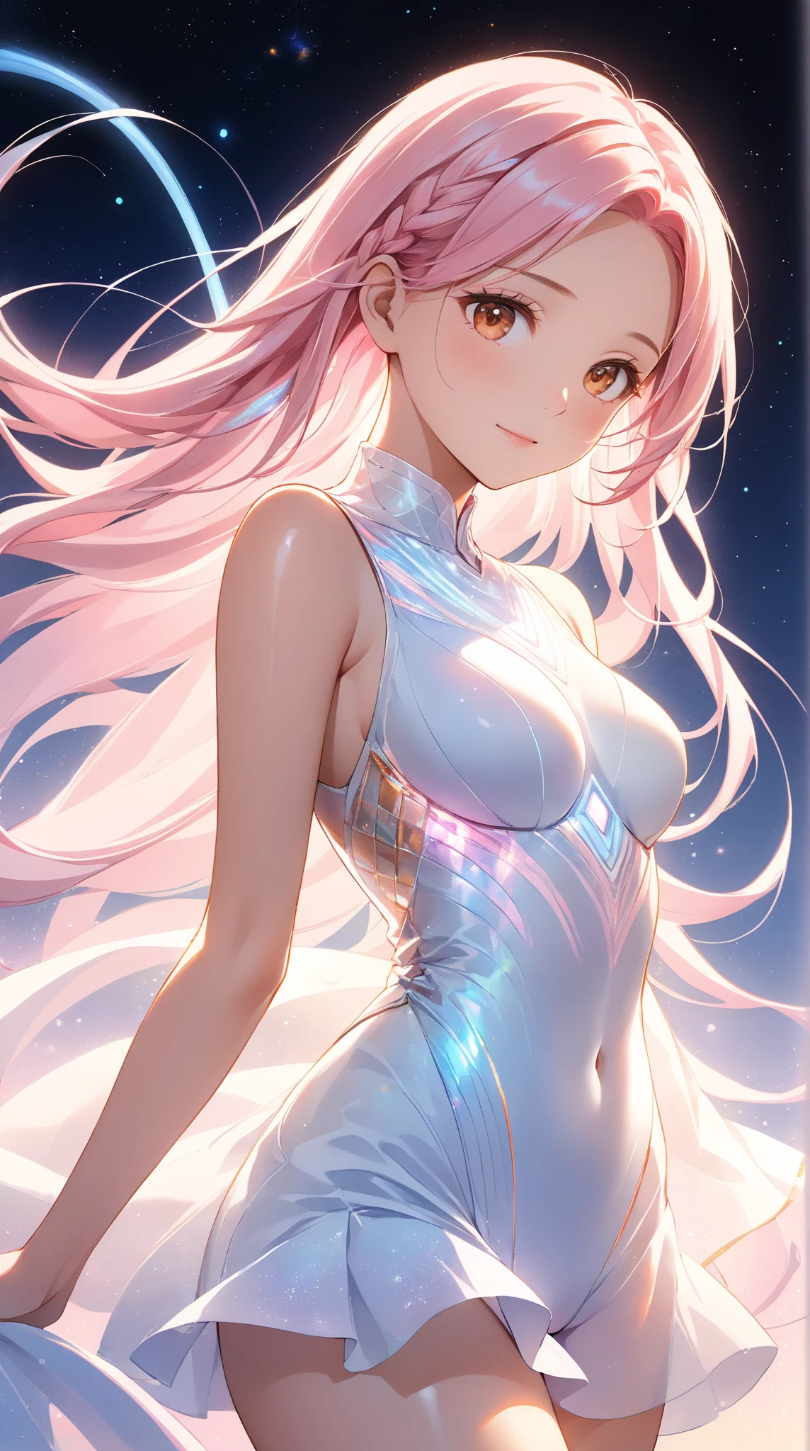 A beautiful girl wearing a beautiful sparkling pastel pink tight bodysuit