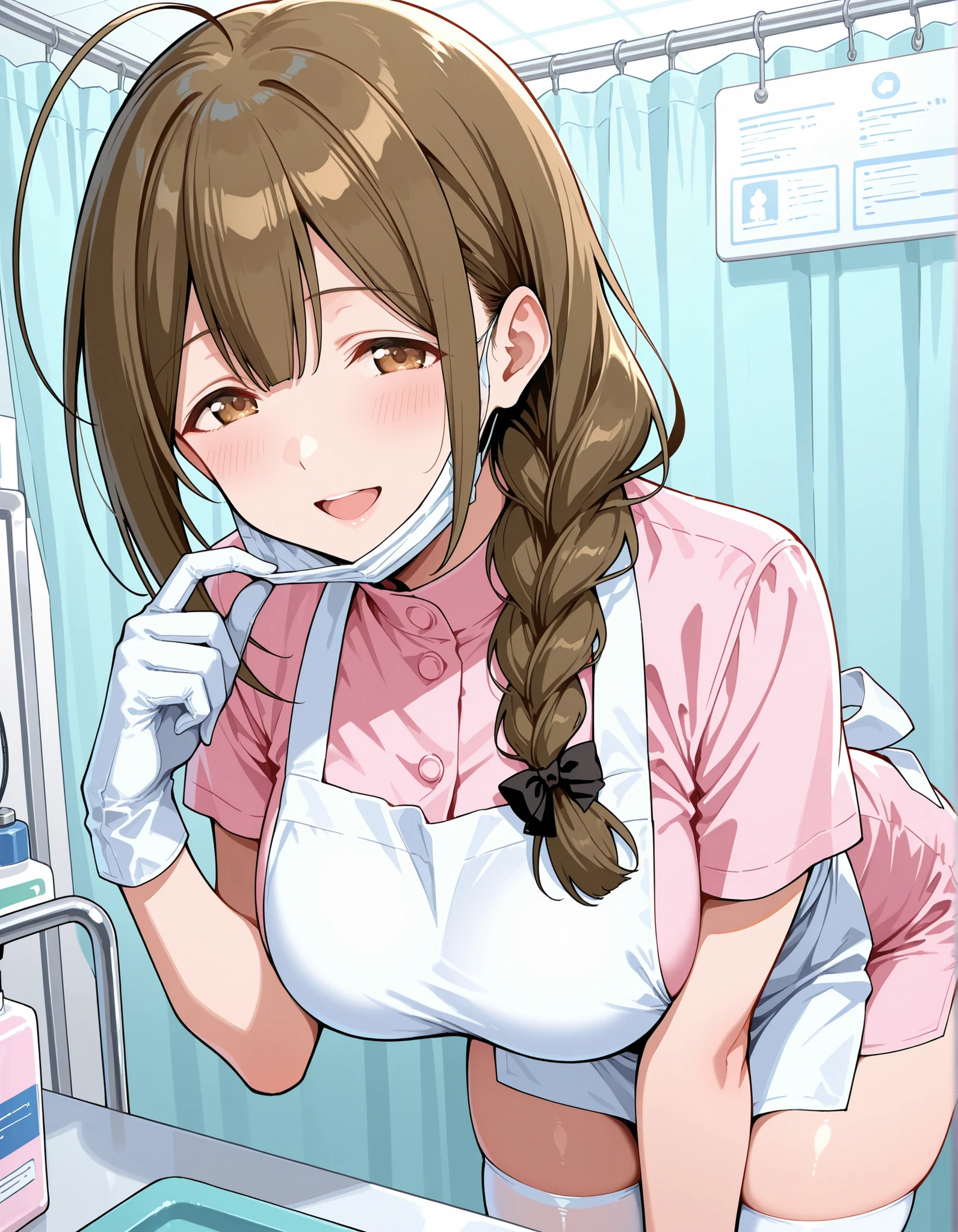 One Woman、One patient、The patient is having dental treatment、Dental Clinic、beauty、Dental hygienist、Dental hygienistの、dental clinic、Age 25、Skirt with slitany customers、Long Hair, Highest quality, Thighsに注目, smile, Thin white pantyhose、pantyhose panties、Thighs、Big 、Big Ass 、 Black Hair,Thighsの股間が蒸れてる 、Sweaty thin white pantyhose、Rubber gloves、holding tweezers、sexual excitement、Obscene sound effects