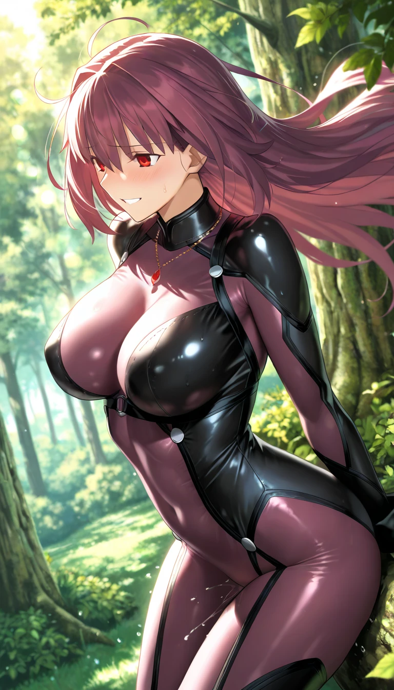 latex anime, ground view, massive breasts pulled out of suit, hard nipples, blush, pink hair, thin waist, huge hips, legs spread