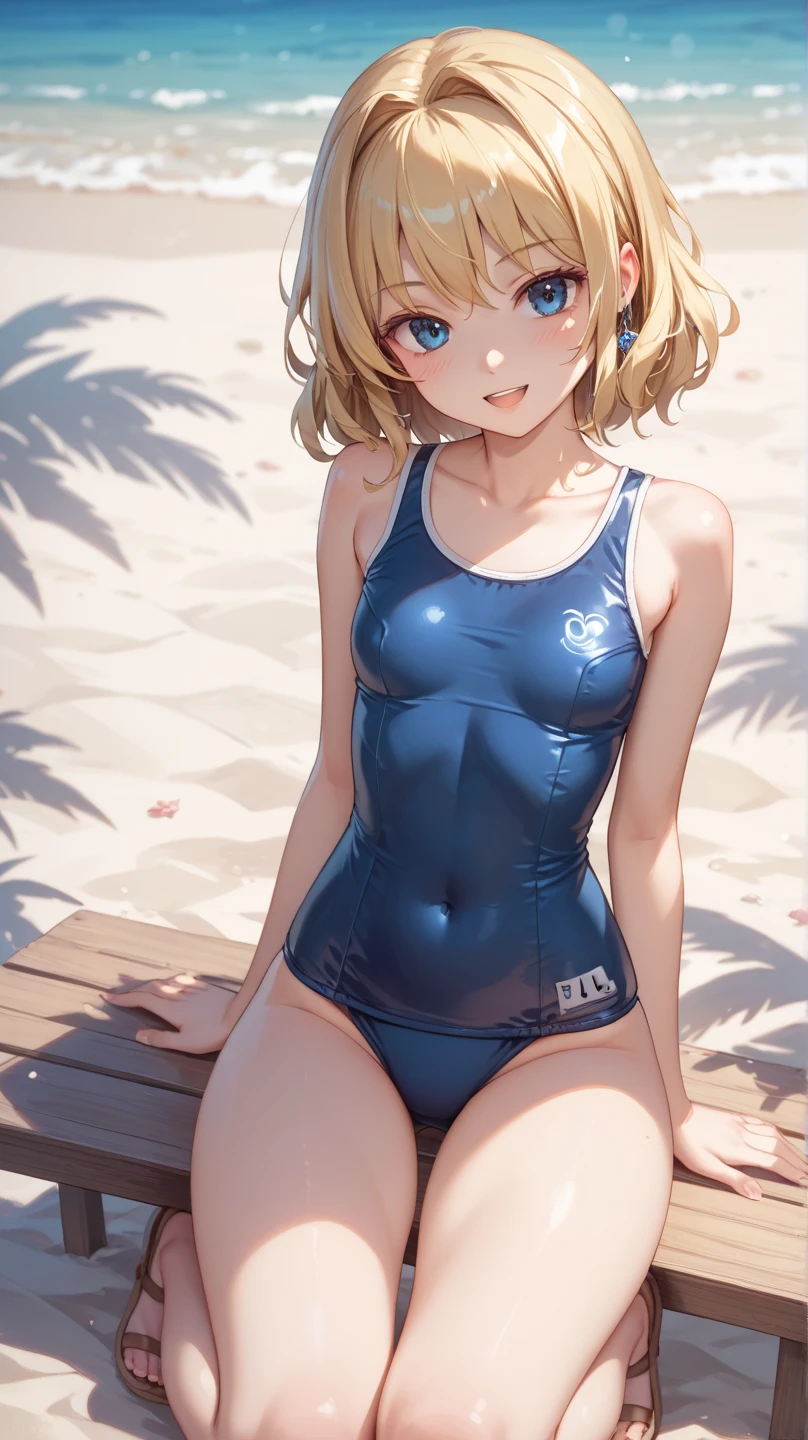 anime style、1 girl、Kagamine Rin、smile、random pose、(tiny chest:1.1), school swimwear