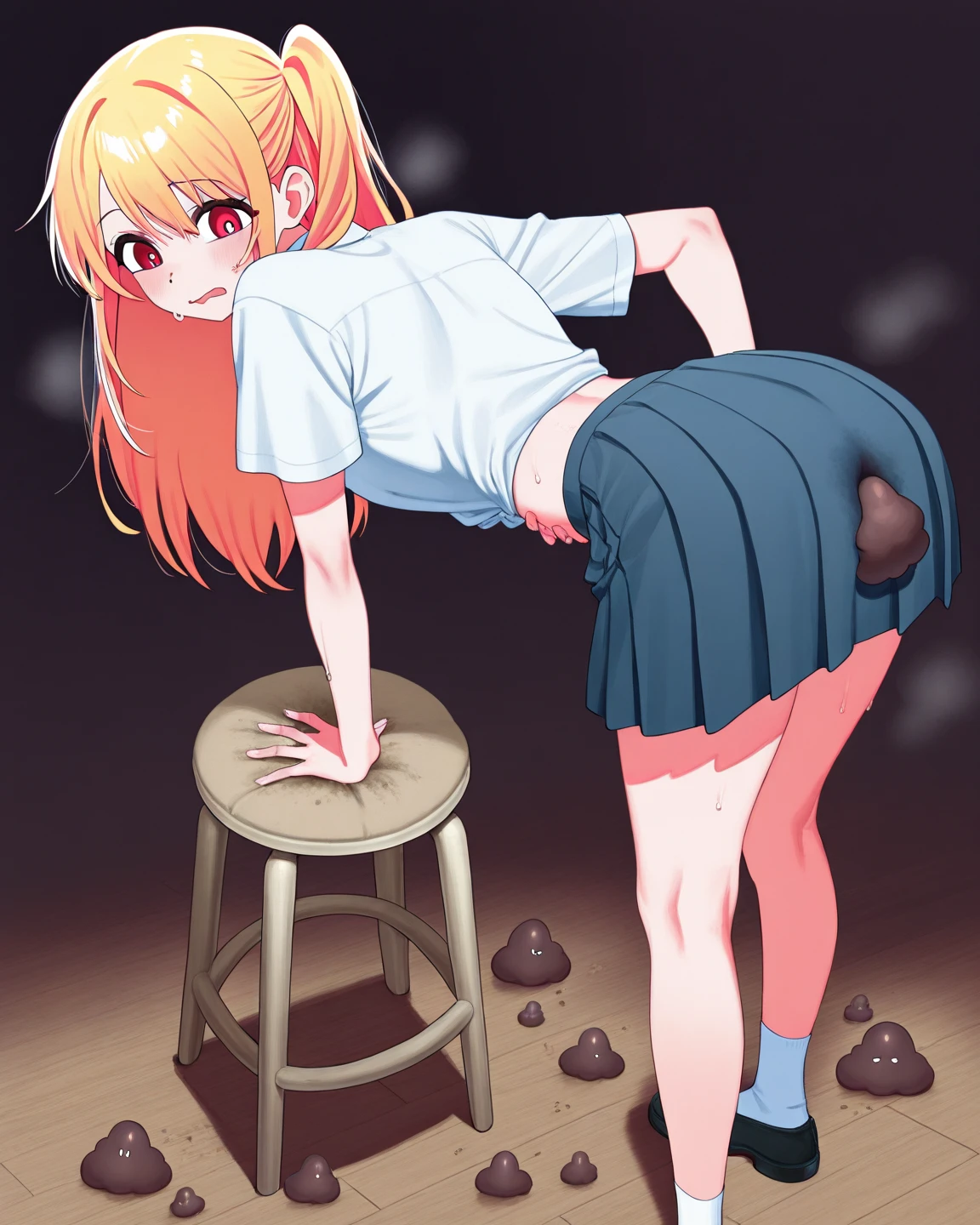 View of her panties from bottom to top Masterpiece, HD, 1 girl, cute girl, breasts small, Grieving, sobbing, gaping mouth, ashamed, blushed, Masterpiece artwork, best qualityer, detailed skin texture, detailed fabric texture, beautiful and detailed face, ultra detaild, fluffy dress, dress with ruffles, colorfull dress, shortsleeves, chestnut hair, hypdertailed, hair ribbon, hair accessories, standing, plein-air, using school backpack, red backpack, Wearing white stockings, brown shoes, Holding your crotch, holding pee, peeing herself, pee jet, pee stain, Puddle of pee, wetting, wetting as roupas, dirt clothes