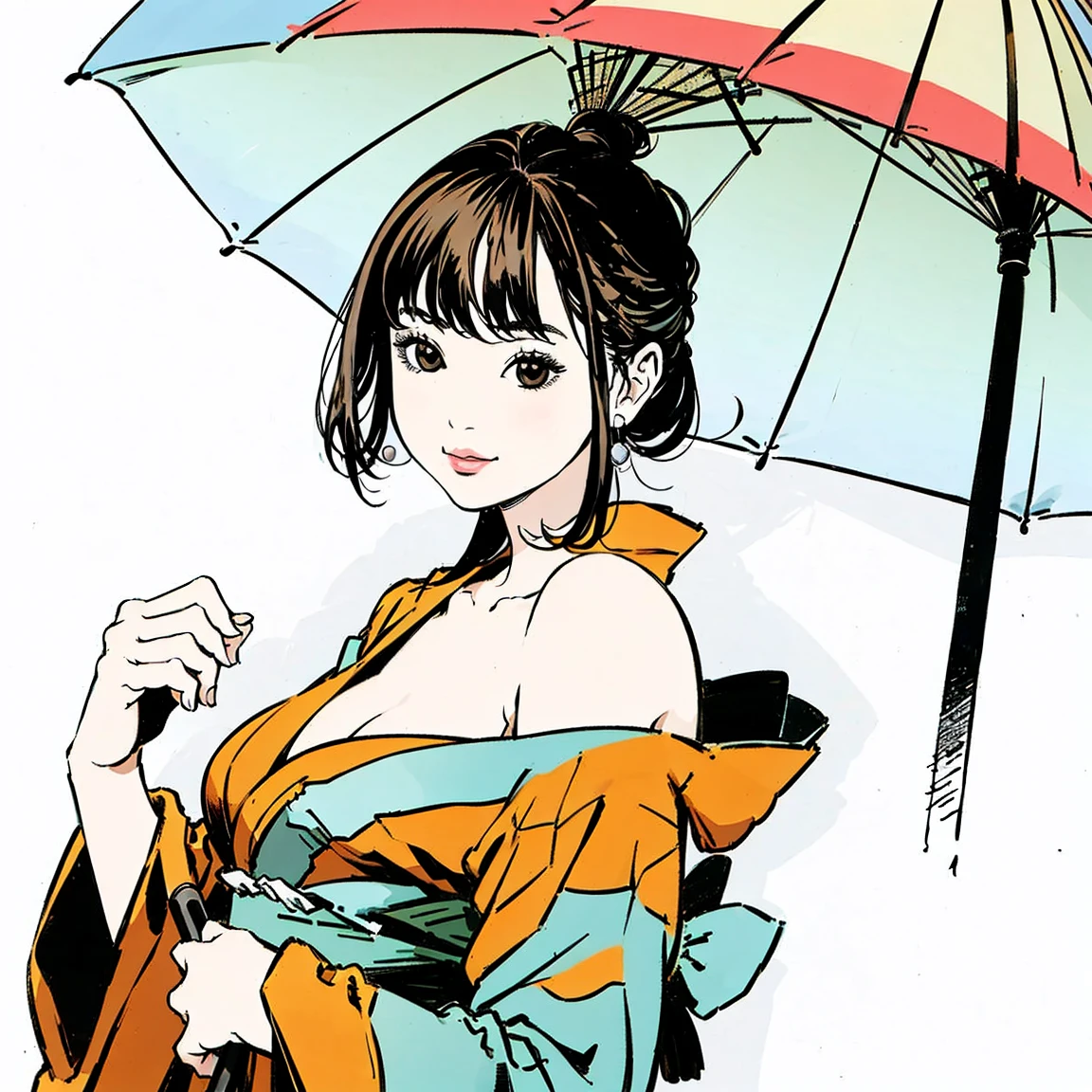 Beauty Japanese Women,Model body type,8-headed beauty,Nude,Wearing a kimono,Give someone a Japanese umbrella,(Black hair,Long Hair),Pointed nipples,Large Breasts,The genitals are visible,Thin pubic hair,Thick pubic area,My genitals are wet,Beautiful adult woman,Spread your legs,Rubbing the groin with a fan,(Holding a fan to her private parts)