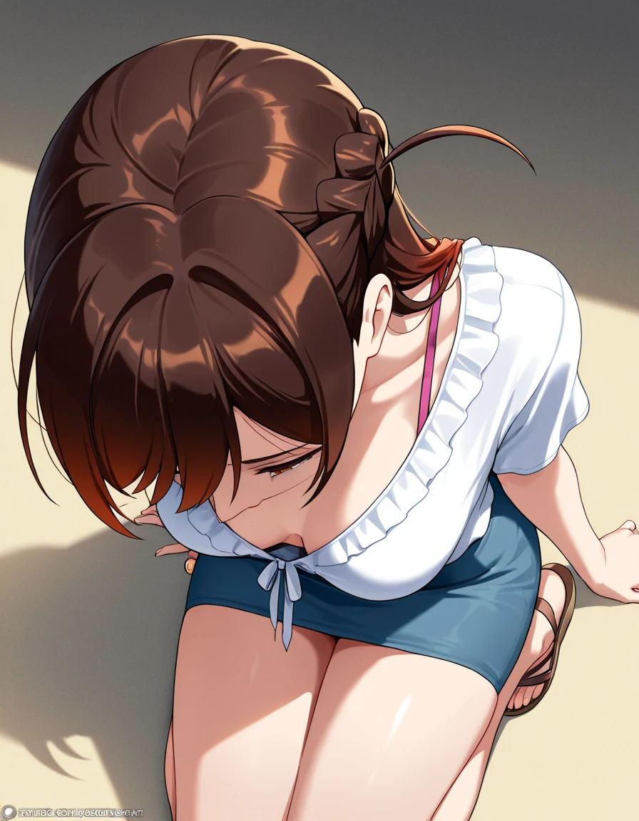 Anime screenshot, girl, straight brown hair, butterfly hair clip, teal blouse, pink skirt, chubby belly, lifting her shirt up, standing up, POV dangling the viewer over her mouth, nervous, huge tongue, flat chest, wide mouth, salivating tongue, blushing, leaning forward, hands on knees