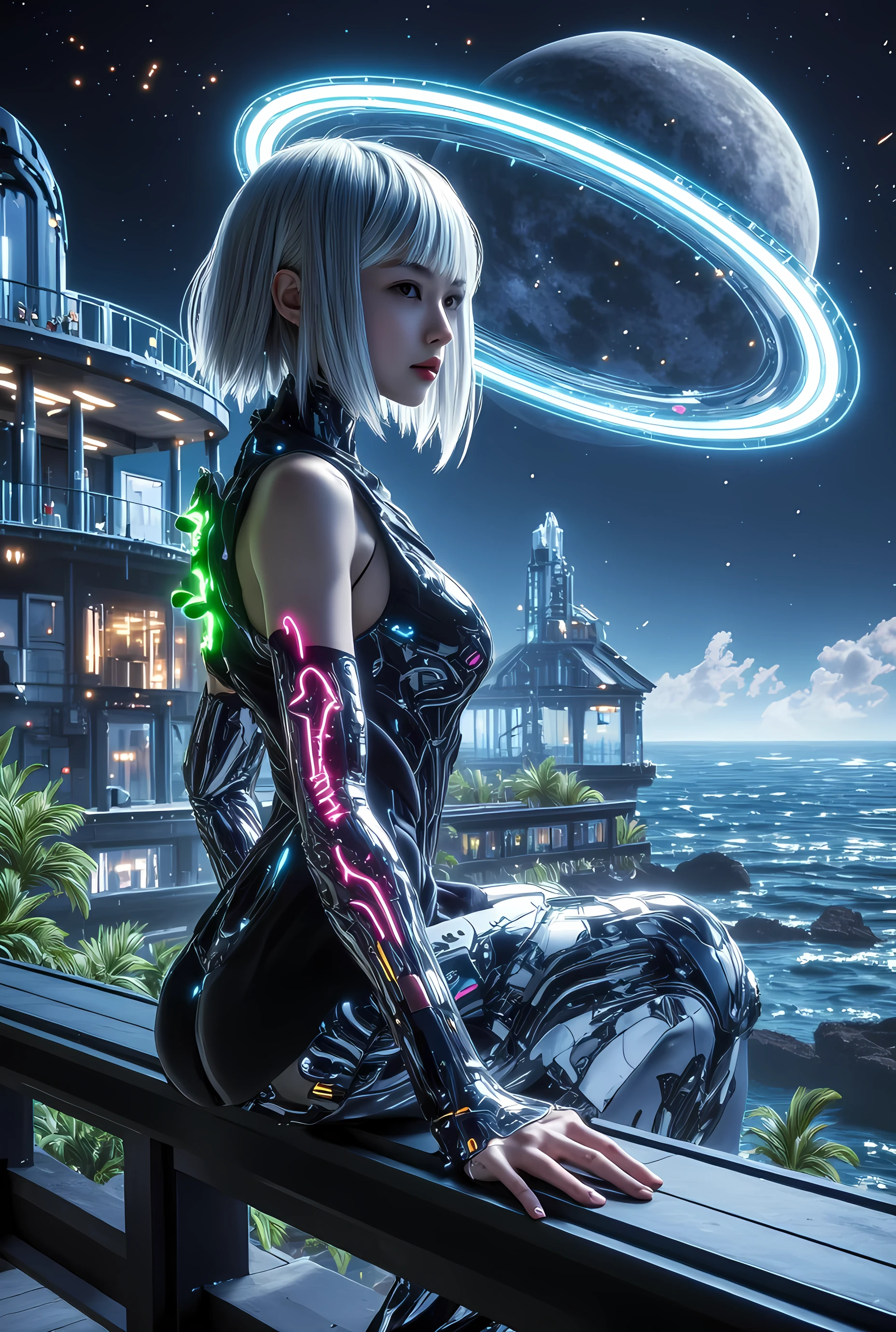 ultra high definition, hyperrealistic photograph, a girl with short silver hair, wearing a futuristic bodysuit with glowing elements, stands on a balcony overlooking an alien beach, a modern sci-fi house behind her with floating geometric designs and neon-lit corridors, waves shimmer under the light of a massive ringed planet in the sky, composition follows golden ratio, cinematic depth of field, Sony A7R IV, 50mm f/1.2, soft bokeh"