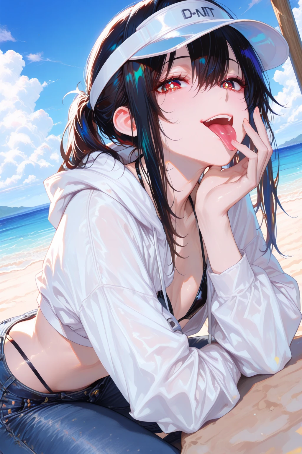core_9, score_8_up, score_7_up, score_6_up, uncensored, Yukinoshita Yukino, black hair, long hair, blue eyes, naughty face, shiny skin, sweating, BREAK (masterpiece:1.2), best quality, high resolution, unity 8k wallpaper, (illustration:0.8), (detailed eyes:1.3), perfect lighting, extremely detailed CG, (perfect hands, perfect anatomy), hearts, pleasured, small breasts, belly, swimsuit, jacket, red_jacket, bikini, o-ring, sky, choker, thigh_gap, outdoors, day, collarbone, multi-strapped_bikini, bare_shoulders, open_jacket, off_shoulder, cowboy_shot, black_choker, ocean, cleavage, skindentation, beach, track_jacket, steaming face, steaming, BREAK, standing, arm under breasts, fellatio gesture, tongue out, saliva, gasping, heavy breathing, 