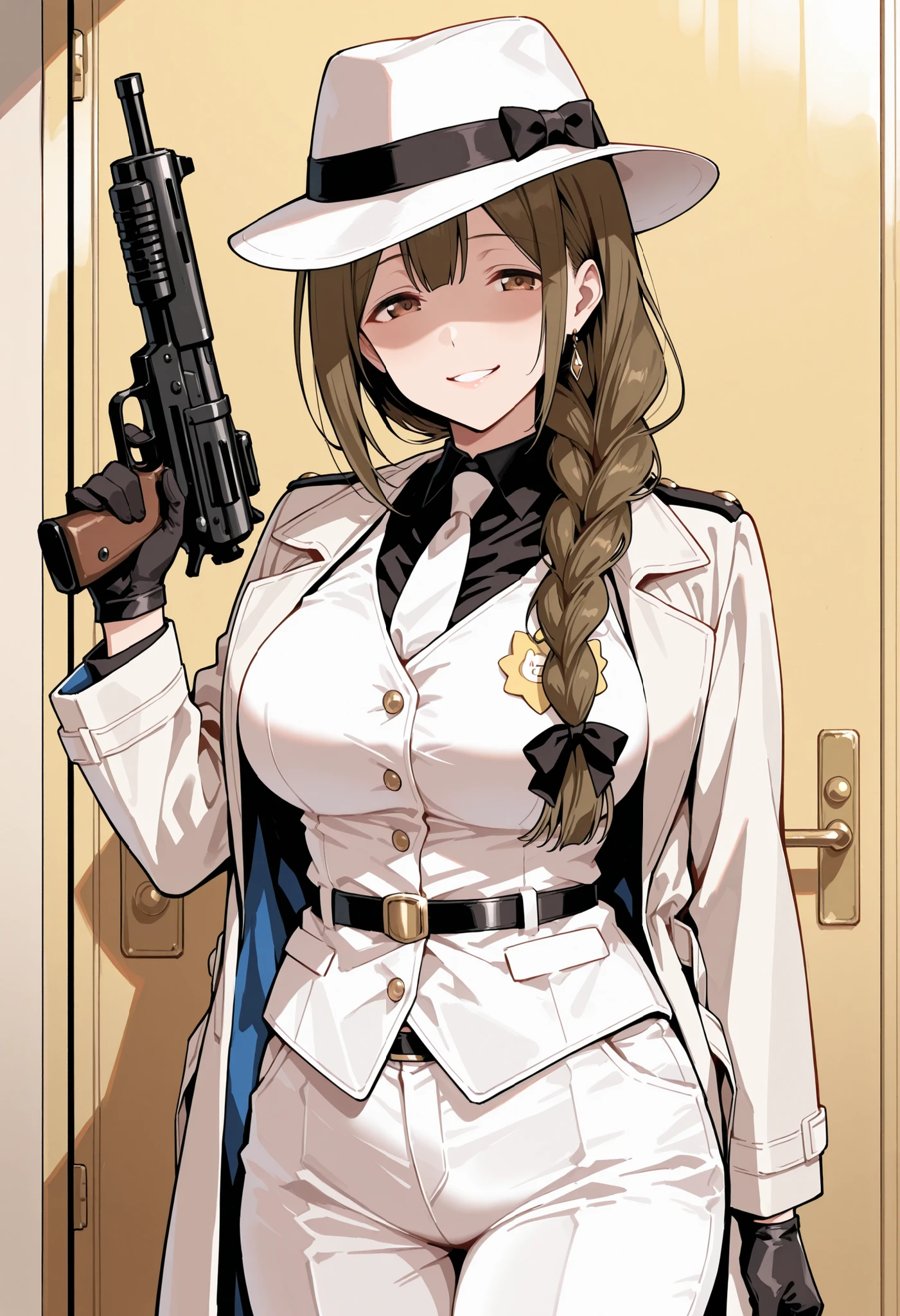 Score_9, score_8_up, score_7_up, source_anime, kuwayama chiyuki, solo, brown hair, single braid, hair over shoulder, brown eyes, large breasts, (best quality), (high quality), {masterpiece}, extremely delicate and beautiful, ultra-detailed, beautiful detailed eyes, mafi4, white necktie, white suit, white fedora, black shirt, white vest, white pants, coat, black leather gloves, kindergarten, indoor, holding toy gun, shaded face, smirk, teeth, standing