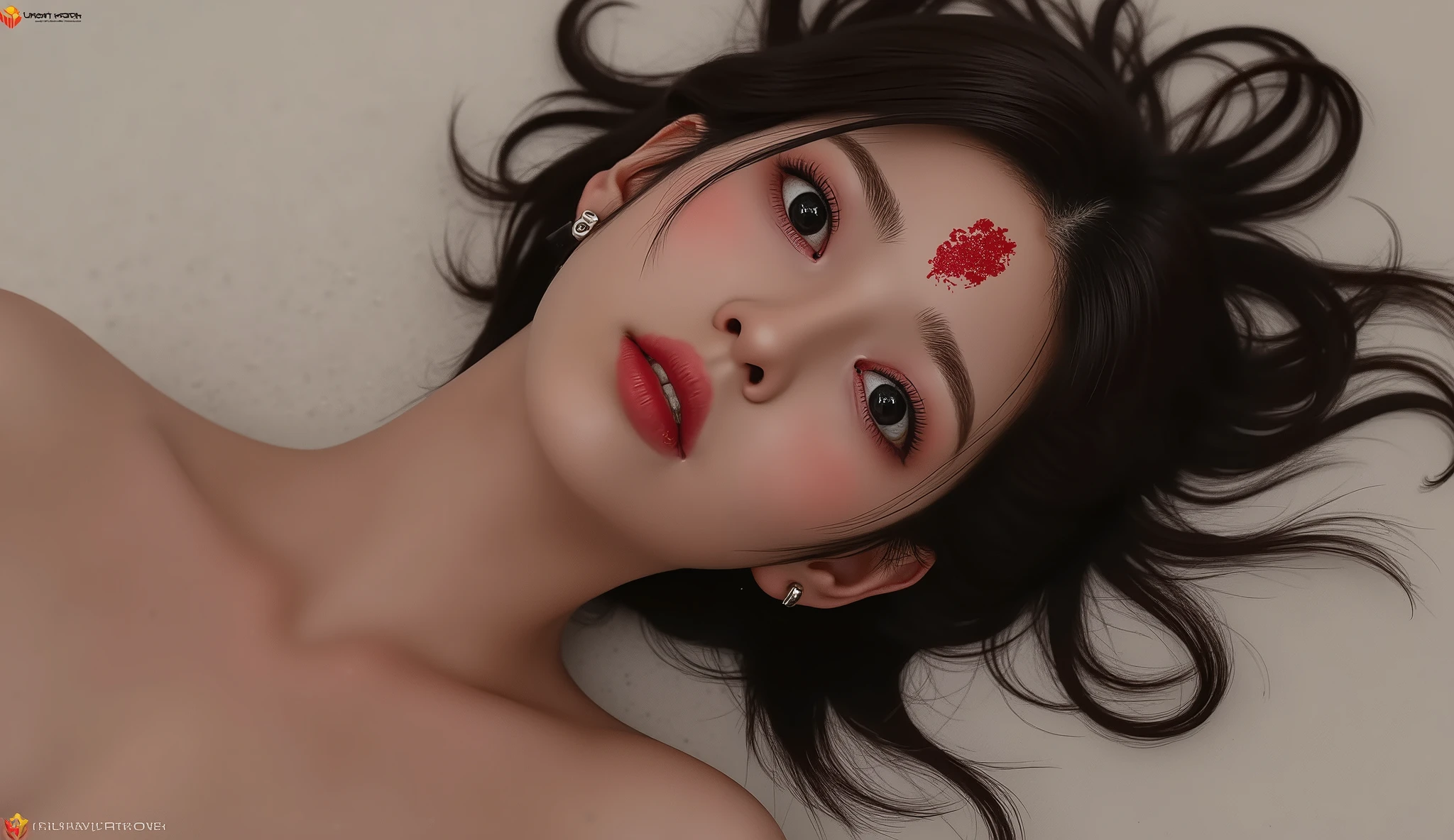 Masterpiece Best Quality (Wallpapers 8K Very High Detail) (best illustration) (The best shadow) Realistic light, high definition, very realistic, beautiful 30 year old Asian woman lying naked, showing her breasts, she was shot in the forehead, a bullet wound in the middle of her forehead, a bullet hole on her forehead bleeding a little, no hair covering her face, her eyes wide in fear, her mouth open, her face full of emotion showed. Reached a sexual climax, but she died, lying on her back on a blood-stained white floor rug in a luxury hotel.