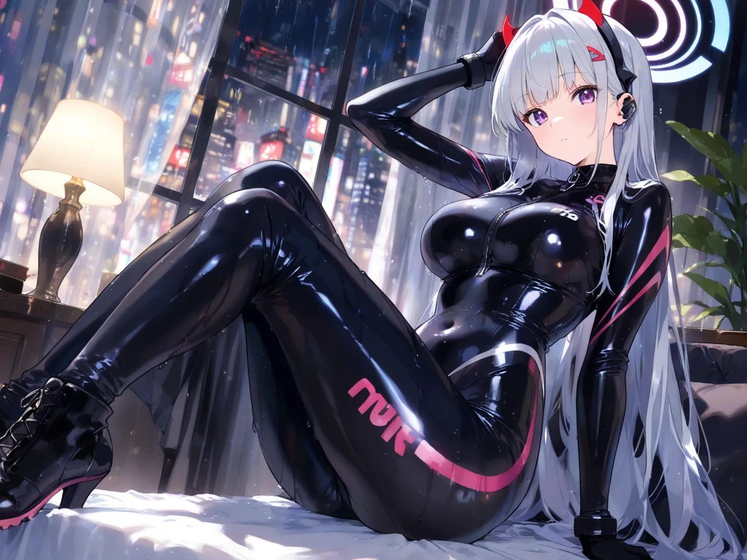 女の子1人, sitzend, Beautiful face, lila Haar, Bodysuit, bedeckter Bauchnabel, lila Augen, Hüftwind, niedlich, Schauen Sie sich den Viewer an, Night Town, Neon, Legs, feet
