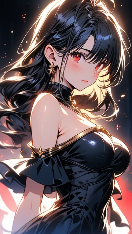 yor briar, anime style beutiful woman, 1girl, happy, sexy pause,(with sparkling eyes and a contagious smile:0.9),red face, closed mouth, beautiful detailed eyes, super detailed skin, backlighting, bare shoulders, black background, black dress, black gloves, black hair, breasts, dress, earrings, fingerless gloves, floating hair, floral print, flower, gloves, gold earrings, gold hairband, hair flower, hair ornament, hairband, holding, holding weapon, jewelry, large breasts, long hair, looking at viewer, off-shoulder dress, off shoulder,red eyes, short hair with long locks, sidelocks, solo, spikes, thighs, two-sided dress, two-sided fabric, weapon, fighting stance , face, close up, from above, highest quality, looking at viewer,high resolution.