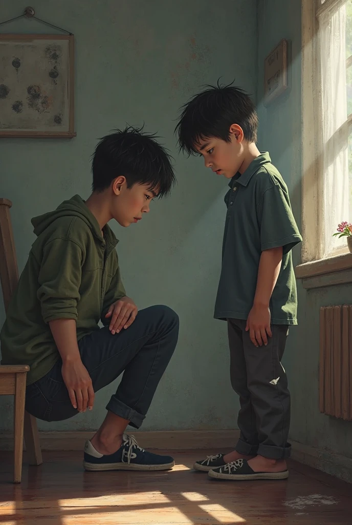 Uni level guy student sitting alone having flashbacks of childhood 10yrs kid playing soccers with friends. Add that hazy flashbacks too as if its on mind. Make it looking on them and flashbacks color dim so highlighting the guy