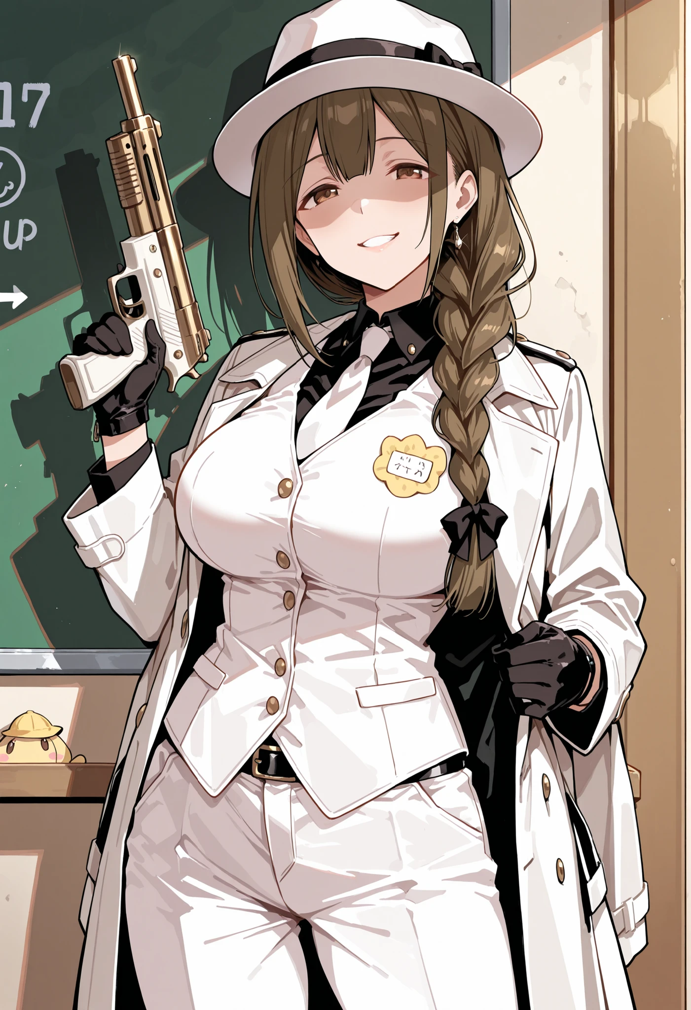 Score_9, score_8_up, score_7_up, source_anime, kuwayama chiyuki, solo, brown hair, single braid, hair over shoulder, brown eyes, large breasts, (best quality), (high quality), {masterpiece}, extremely delicate and beautiful, ultra-detailed, beautiful detailed eyes, mafi4, white necktie, white suit, white fedora, black shirt, white vest, white pants, coat, black leather gloves, kindergarten, indoor, holding toy gun, shaded face, smirk, teeth, standing