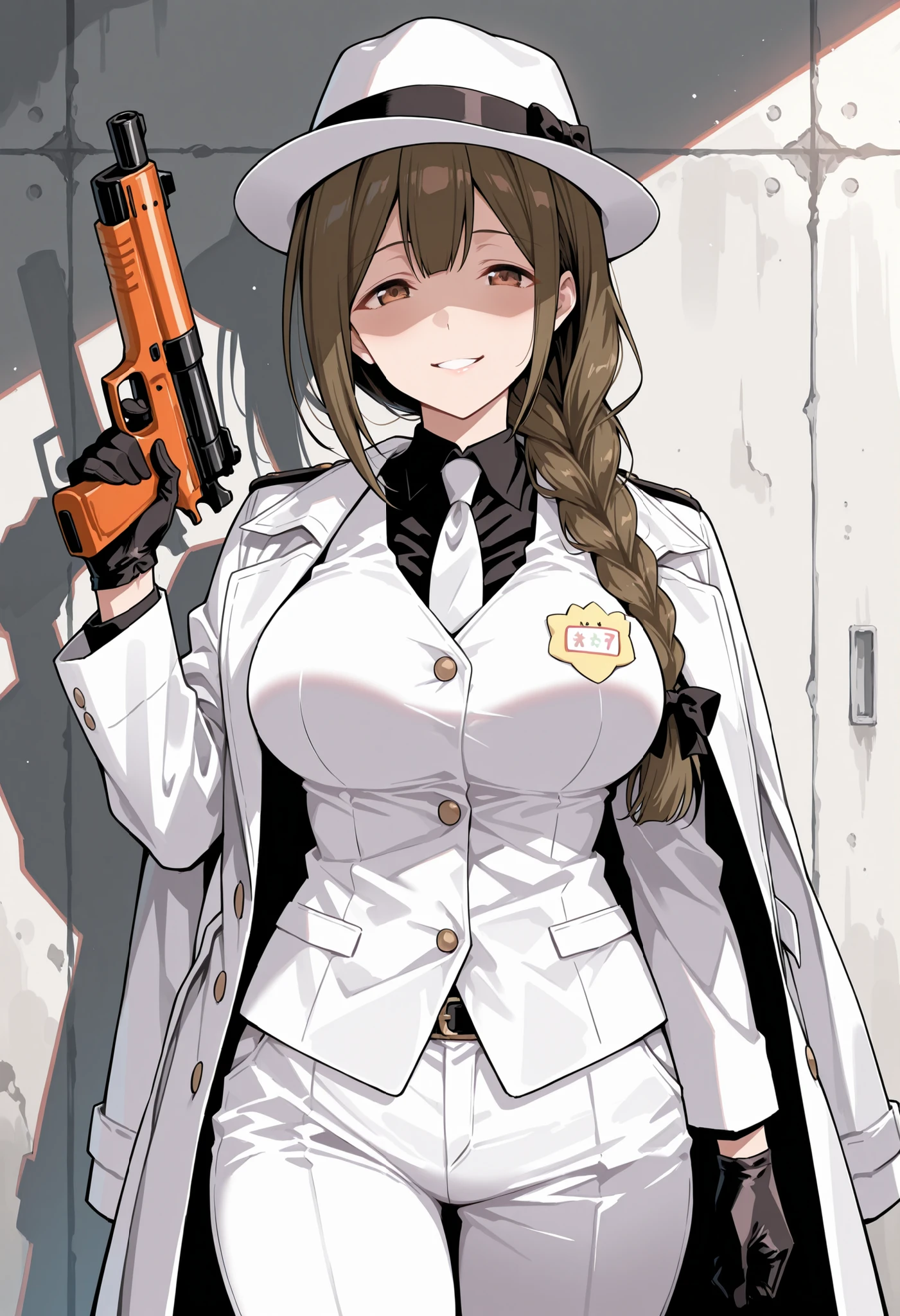 Score_9, score_8_up, score_7_up, source_anime, kuwayama chiyuki, solo, brown hair, single braid, hair over shoulder, brown eyes, large breasts, (best quality), (high quality), {masterpiece}, extremely delicate and beautiful, ultra-detailed, beautiful detailed eyes, mafi4, white necktie, white suit, white fedora, black shirt, white vest, white pants, coat, black leather gloves, kindergarten, indoor, holding toy gun, shaded face, smirk, teeth, standing