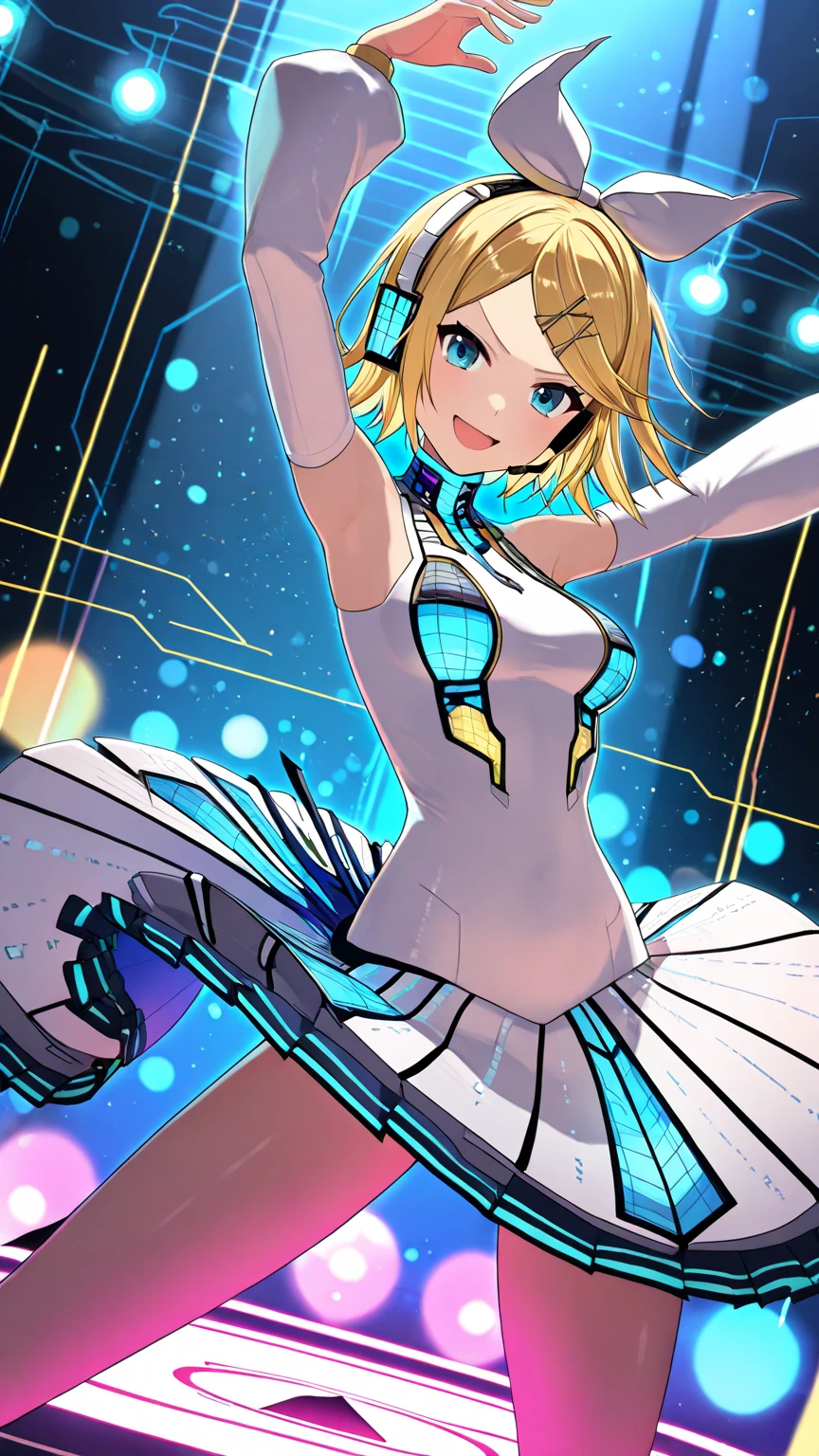 masterpiece,best quality,highly detailed,1girl,solo,<lora:DynaG:0.7>,orange hair,yellow eyes,cowboy shot,ponytails,headgear,revealing clothes,blue gem on chest,
<lora:digitalTransformationEffect:0.7>,digiTransEffect,hologram,holographic body,holographic legs,holographic arms,holographic buildings,dynamic pose,fighting stance,