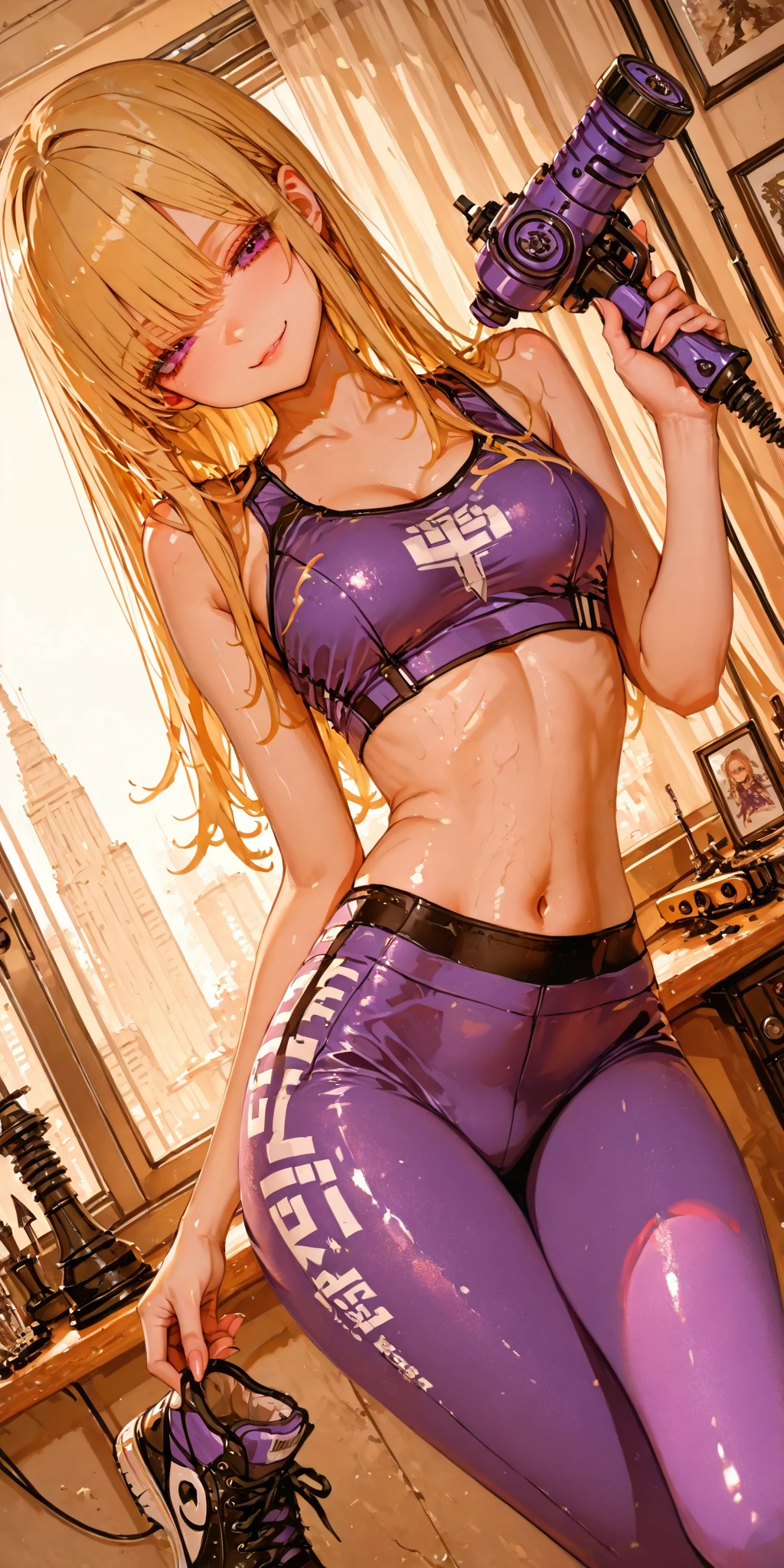 White and pink latex sports bra、Black open front jersey、Dark bedroom at night、Excited face、Evil Female Executives、Adult、Sexy pose、Lying down、Amitants