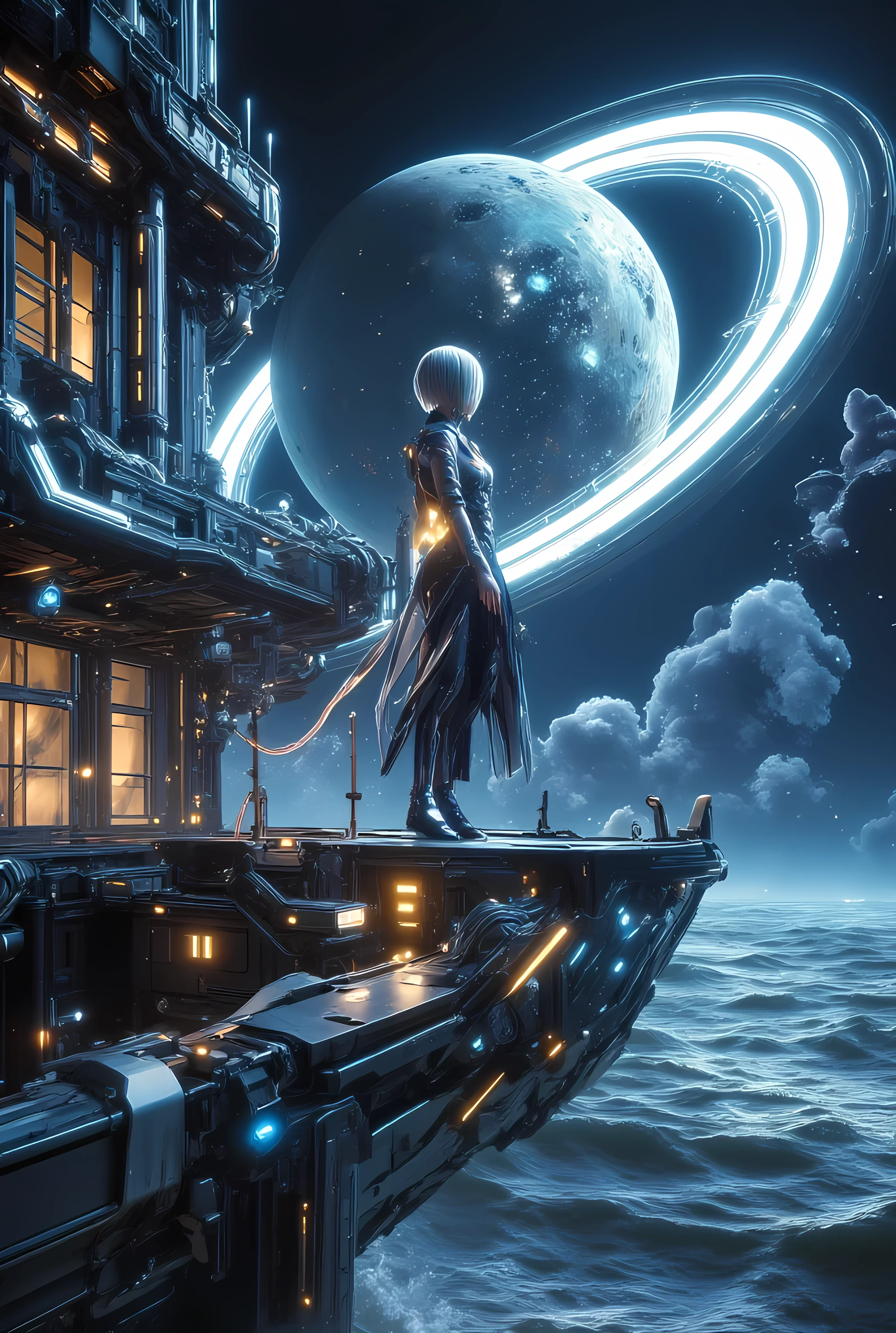 ultra high definition, hyperrealistic photograph, a girl with short silver hair, wearing a futuristic bodysuit with glowing elements, stands on a balcony overlooking an alien beach, a modern sci-fi house behind her with floating geometric designs and neon-lit corridors, waves shimmer under the light of a massive ringed planet in the sky, composition follows golden ratio, cinematic depth of field, Sony A7R IV, 50mm f/1.2, soft bokeh"