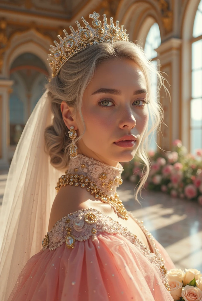 White Blonde hair, fluffy hair, stylish hair, long hair, lilac eyes, perfect eyes, beautiful, perfect face, tween, , short, kind, curvy, a flowing pale airy gown with ruffles along the bottom with tiny pink flowers and gold dragon embroideries with flowers, Her tiara had a pretty teal gemstones, silver necklace, noble class, royal, royalty, red castle, feasting hall, medieval, elegant surroundings, soft dewy makeup look, light peach blush, soft tan eyeshadow, light coral lipstick, cutesy, girlish, girly, guileless, ingénue, princess , whimsical lighting, Targaryen, dragons in the sky, photorealistic