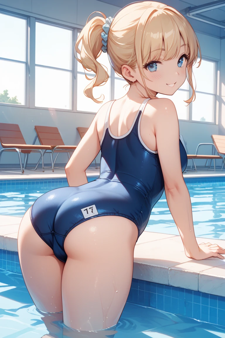 ,(young girl ,short stature,) ,flat chest,nsfw,big head, rotund.one-piece-swimsuit,braid hair, poolside.,stand,pussy,looking at viewer, puzzled