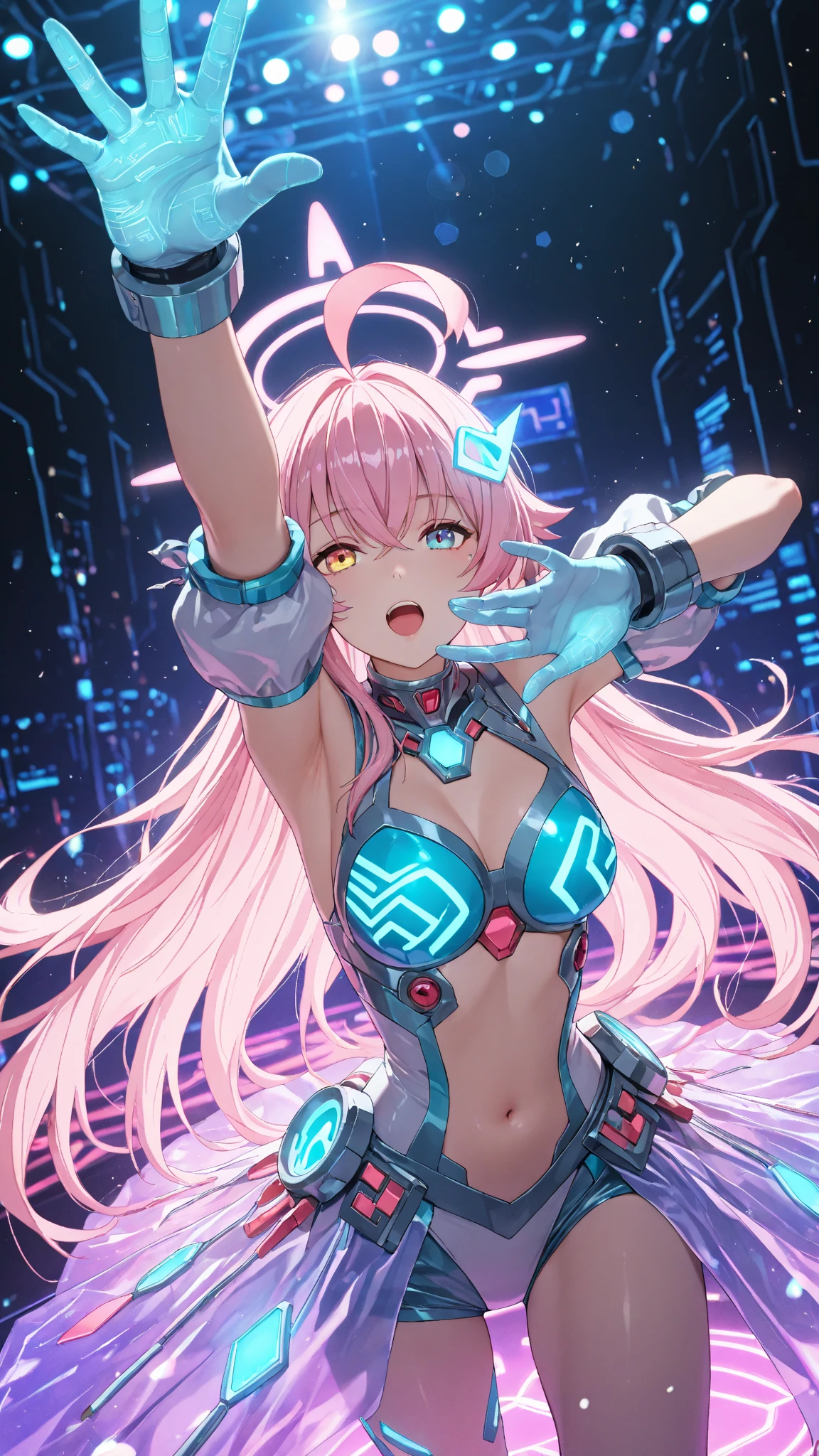 Action scenes,battle,Anime Screenshots、 Artistic anime illustration of a woman adorned with glowing neon magic tattoos all over her body and face。 The tattoos on his arms and legs are a mix of pink, blue and white runes.、It emits a neon light。 She has long, flowing hair.、、 This scene has a dreamy soft focus effect.、 It emphasizes the dreamy glow of the tattoo.、front,Slashing,neon,fighting,sppining