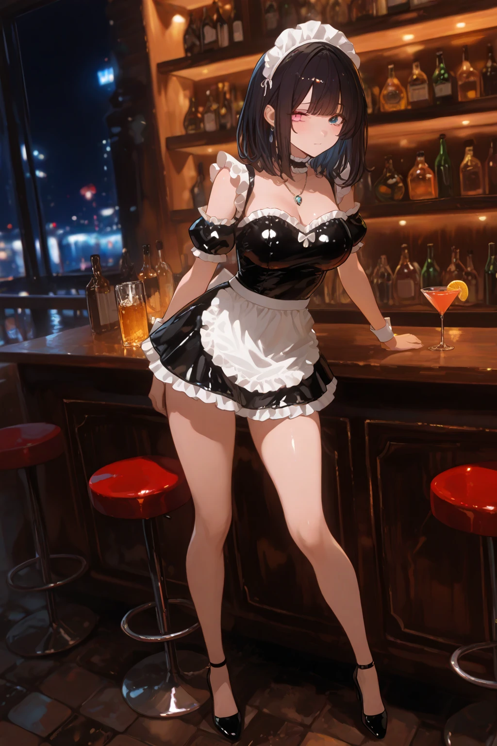 1 girl, solo, tavern, maid, bra, thong, stockings, chocker, night, bar stool, table, restaurant, 3d style,