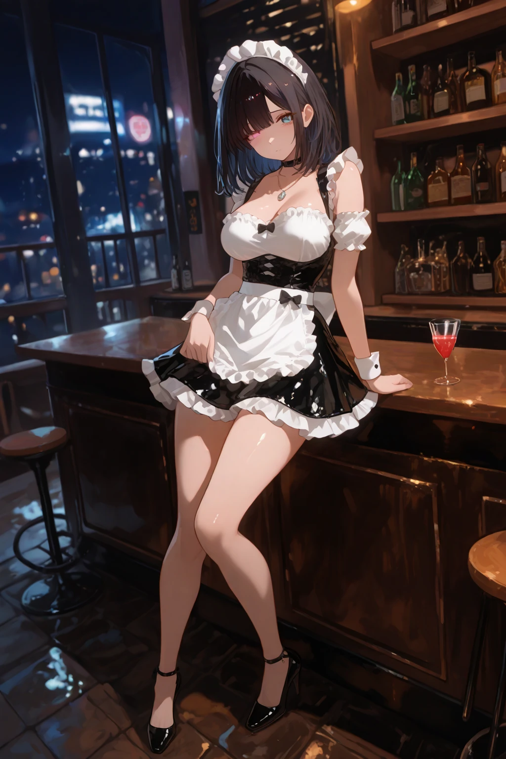 (from above:1.2),(from side:0.9), ((Face)), (Close-Up:0.4), masterpiece,"A 26-year-old girl stands at a bar counter. She is dressed in a stylish off-shoulder dress, sweater dress, off-shoulder sweater, red sweater,garter stocking, midriff, red skirts, black thighhighs, thigh strap, pretty girl, (highly detailed beautiful face and eyes,firm breasts),real skin,((black,hair,long pony tail hair)),thin pubic hair,cute and lovely pose, detailed eyes, This masterpiece is only visually stunning but also tells,(double breasted:0.6,under bust:0.6,cleavage:1.1,),(small breasts:1.2),(perky chest:1.1), (pointed chest:1.3), medium hips, glamorous body,(with sparkling eyes and a contagious smile),open mouth. The bar is beautiful, with colorful bottles of alcohol in the background and a soft glow from neon lights. The atmosphere is relaxed, and the girl looks confident and fashionable.",full body, sexy pose,make a cocktail , in a bar counter, Looking at Viewer,