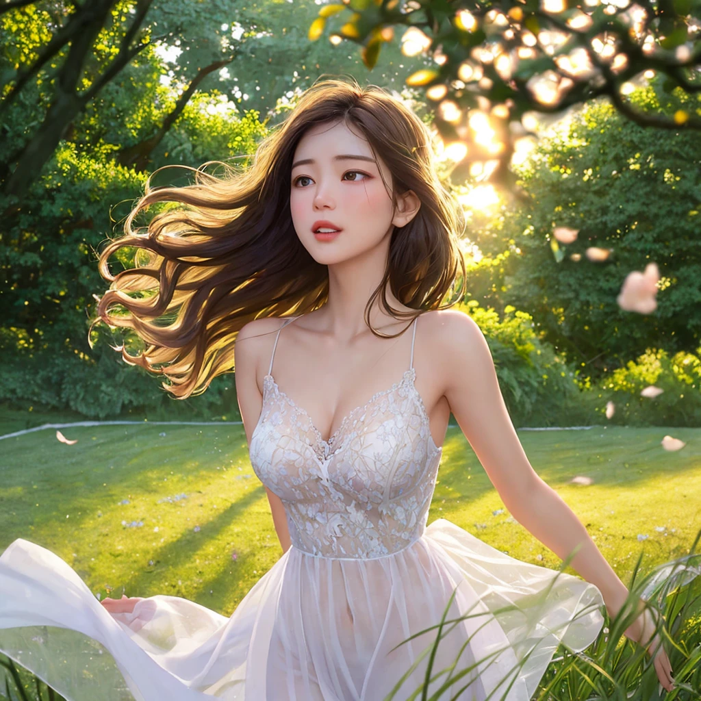 A beautiful young woman is on a flowered hill in a delicate white dress, her bare skin is visible through the thin fabric, she has her legs spread wide and her hands pressed against her crotch, she has a sexually excited look on her face, she is erotic