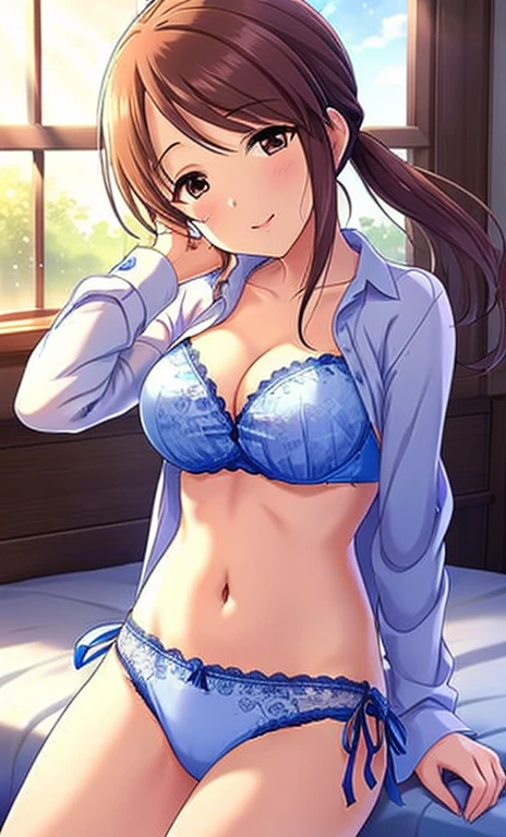 ((Tabletop, highest quality, High resolution, Hmph, Perfect Pixel, 4K, Hmph, Hmph))), One Girl, single, alone, Beauty、The whole body is visible、 ((Medium length wavy hair, bangs, brown hair)), ((Brown eyes, Beautiful eyelashes, Realistic eyes)), ((Detailed face, Blushing:1.2、Open it a little、Look up)), ((Smooth texture:0.75, Realistic texture:0.65, Realistic:1.1, Anime CG Style)), Medium chest, Dynamic Angle, Perfect body, ((school uniform, White shirt, Black Skirt, Unbuttoned shirt、Checked skirt、I'm not wearing shoes、White Sox)), An empty classroom、Sit at a desk、Lower'I took my feet off the desk.................................、Very embarrassing panic smile、(Lift up your skirt with your right hand、Spread your legs、Knees wide open、、Light blue floral lace panties)、、(Cute floral bra)、Angle from below
