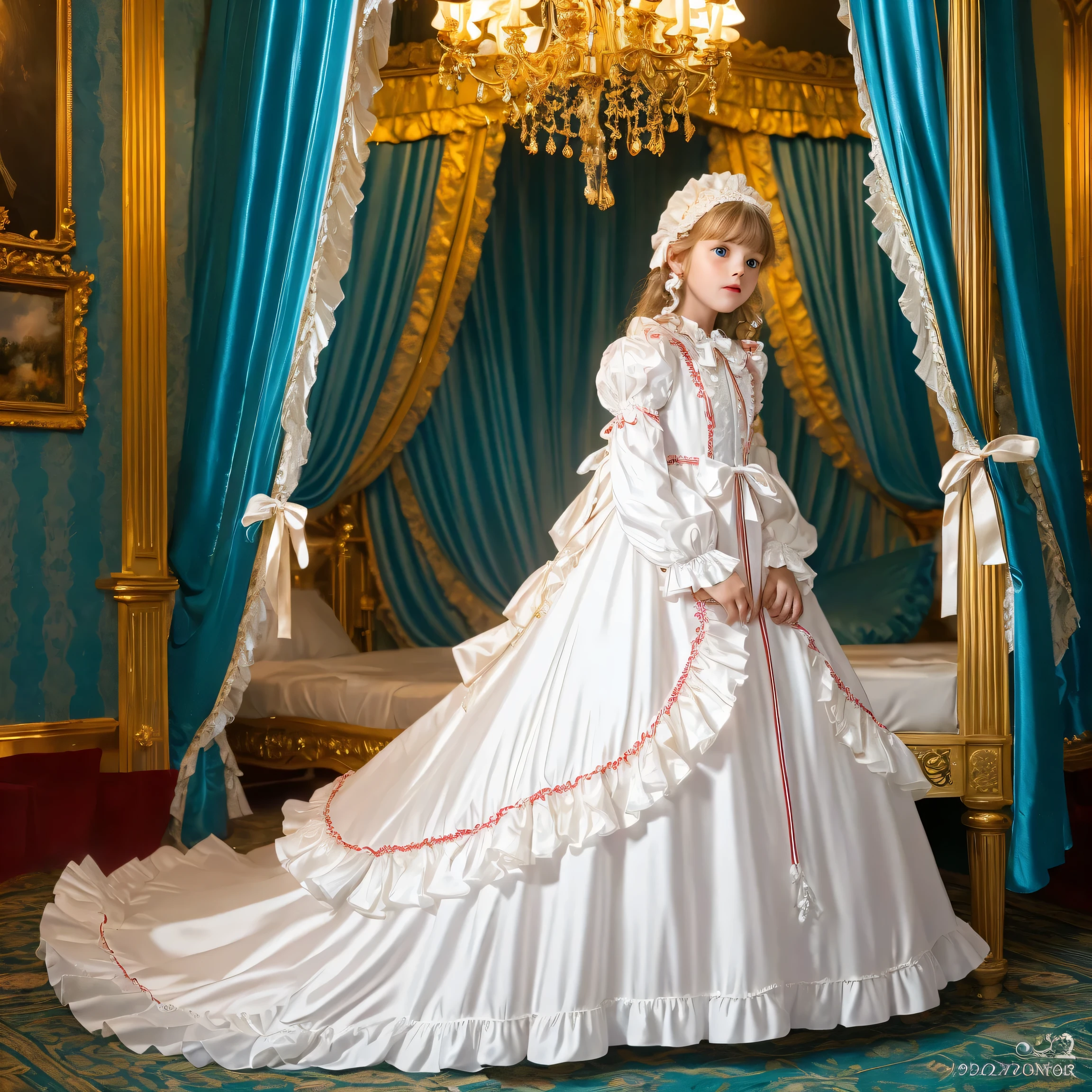 highest quality, masterpiece, highest resolution, artwork, super get used to it, many become familiar with, become familiar with, get used to it,change,,little girl, before bedtime,((twelve years old)),european,((blonde very longhair:1.0)),(((white nightgown with lot of frills and ribbons,1920 style victorian nightgowns:1.2))),((frilled Nightcap with ribbon)),((detailed Yoke collar with ruffles and ribbons,detailed ruffed placket:1.0)),((Long sleeves,puff sleeves with ribbons,frilled sleeves)),((frilled Long skirt up to the ankle:1.0)),((The whole body is reflected)),(inside the palace),(in the bedroom at night),Detailed Night view and moon in the window,Before bedtime,White ruffled socks,luxurious canopy bed behind,ultra detailed background,