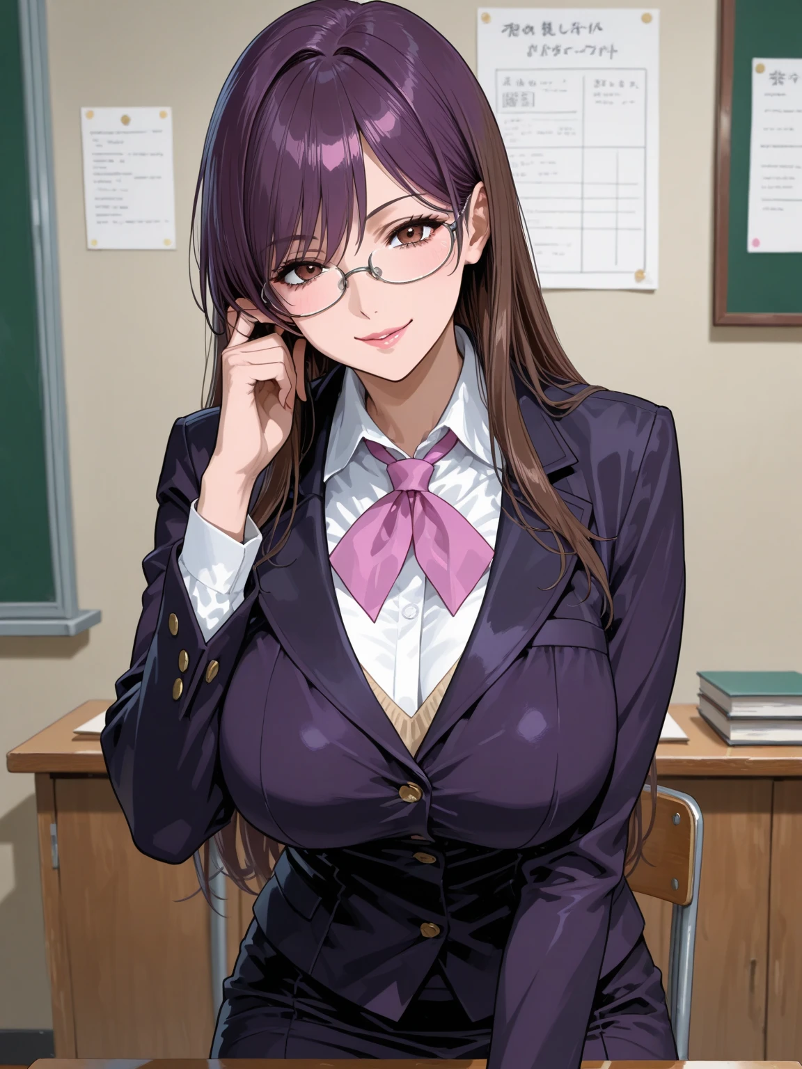 (best quality,4k,8k,highres,masterpiece:1.2),ultra-detailed,(realistic,photorealistic,photo-realistic:1.37) beautiful teacher with glasses with a whiteboard behind her, 'SEX ED' written on whiteboard, violet hair, violet eyes, seductive look, cleavage showing, classroom, winking at camera, showing off thighs, sex education class, professional attire, winking