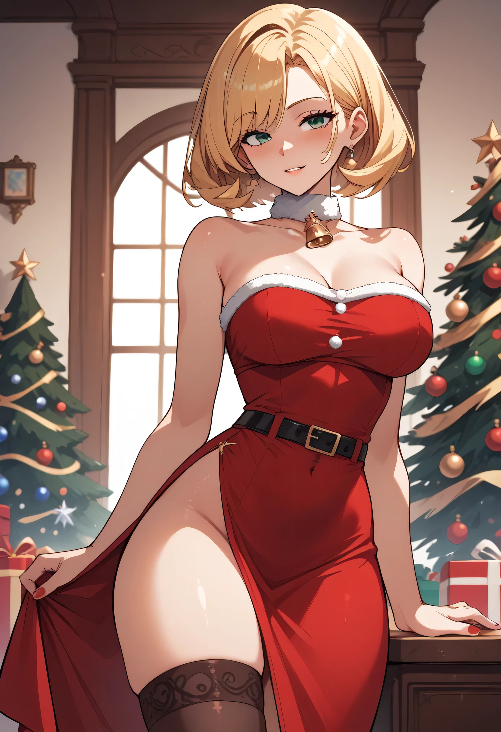 A blonde woman, blue eyes, sculptural body, full breasts, thick legs, sensual Christmas dress, expressive eyes, very sexy in front of a Christmas tree