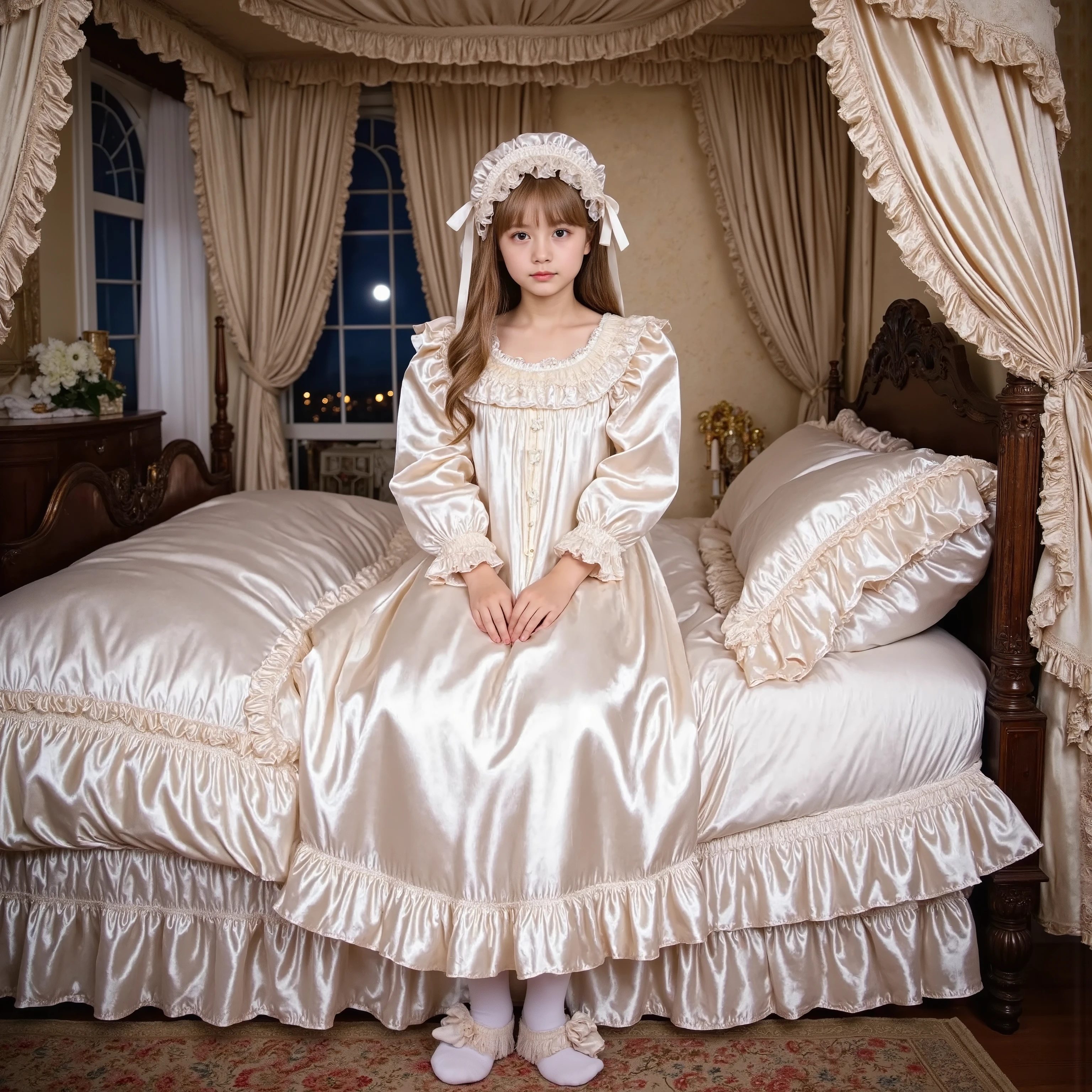 ,realistic photo,highest quality, masterpiece, highest resolution, artwork, super get used to it, many become familiar with, become familiar with, get used to it,change,,little girl, before bedtime,((ten years old,little girl, european girl:2.0)),,((blonde longhair:1.0)),(((white silk satin nightgown with lot of frills and ribbons,1920 style victorian nightgowns:1.2))),((frilled Nightcap with ribbon)),((detailed Yoke collar with ruffles and ribbons,detailed ruffed placket:1.0)),((Long sleeves,puff sleeves with ribbons,frilled sleeves)),((frilled Long skirt up to the ankle:1.0)),((The whole body is reflected)),(inside the palace),(in the rococo style luxurious bedroom at night),Detailed Night view and moon in the window,Before bedtime,White ruffled socks,luxurious canopy bed behind,ultra detailed background,