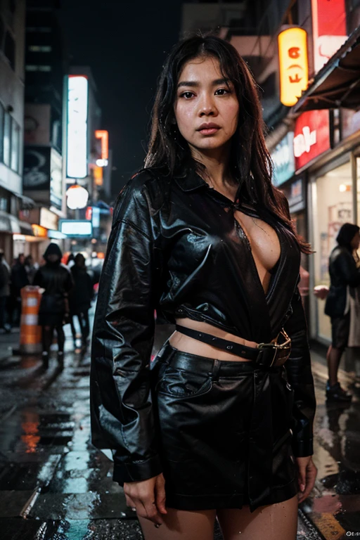 Highest quality,masterpiece,Very detailed,8K, Ultra-high resolution,Beautiful woman,Japanese women,Expressionless,(topless),whole body,((tattoo)),slim,Black leather pants,Black Leather Vest,(Female Mafia),gang,(Cyberpunk City),night,Cinematic lighting,Movie Posters,underworld