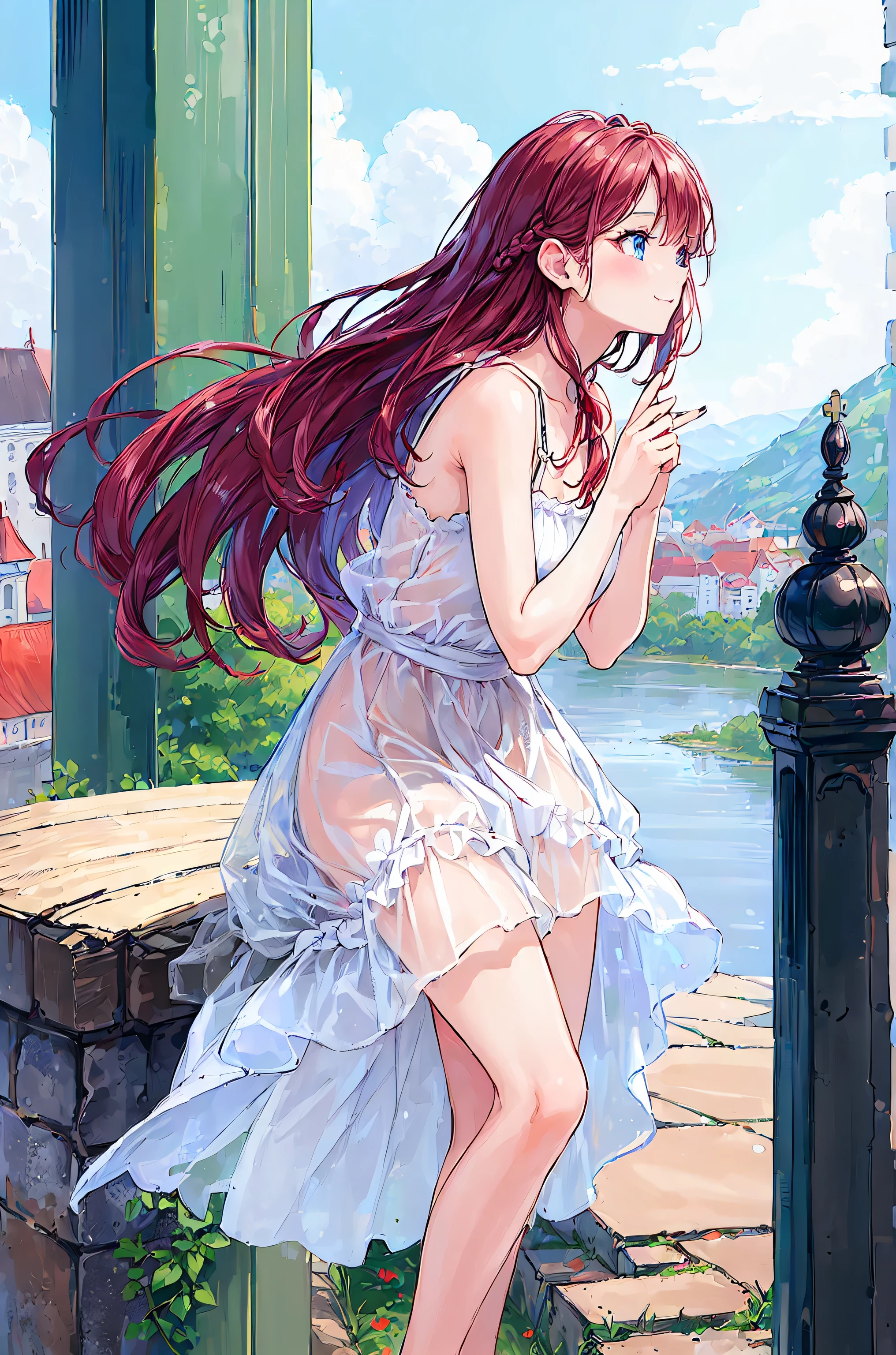 (Highest Quality:2.0), (profile:1.5), (Red Face:1.3), (realistic:1.5), 1 , Precision small handle, embarrassed expression, smile, Traveling Girl , HER BIG PINK TRAVEL BAG , andてもいい,innocent face, Young face, clear eyes, Shining Eyes, beautiful skin, ((super resolution)), ((highest resolution)),(Black Camisole),brown hair,Shortcut,messy hair, short braided hair ,きちんandした,My Blurry Hair with Openings,Dignified Posture,tiny chest,Beautiful legs,charming grayish blue eyes shining like stars,brightly colored,Beautiful Eyes,繊細なsmile,Textured Skin,BEST QUALITY BEST CONDITION ,A kind and beautiful woman,anime style,((Top of the big bell tower)),Lithuanian, ((In Vilnius)), ((Vilnius Cathedral)) and ((Gediminas Tower)) ,Background,((Cathedral Square)),Cumulonimbus,contrail、perfect hands、perfect finger、perfect palm 、Perfect Nails、Perfect Thumb 、perfect index finger 、perfect middle finger、perfect ring finger、perfect little finger、perfect textured hand