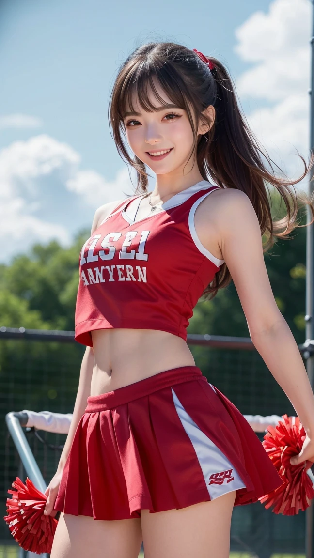 (8K, RAW Photos, Highest quality, masterpiece:1.2), (professional photography, full colors, studio-caliber color grading), (Gravure quality for high-end fashion magazines), BREAK,18 year old girl, (low ponytail:1.1), Big Natural Color Lip, Plumpy body, (smooth skin:1.1), (huge breasts:1.0), BREAK, (cheer girl:1.5),(a miniskirt), BREAK, hotel room, to stand, Harajuku style