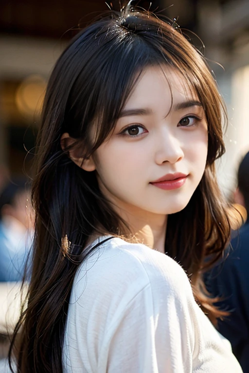 ((realistic lighting、highest quality、8k、master masterpiece:1.3))、clear focus:1.2、 baby、perfect body beauty:1.4、slim abs:1.1、as a whole human body、((dark brown hair、big breasts are visible:1.3))、(acceleration:1.4)、(exterior、night:1.1)、waikiki beach、Fireworks display、Palm tree、narrow side、fine eyes、double eyelid、fashion model pose、floating hair、T-shirt、meanwhile、hanguo、smile