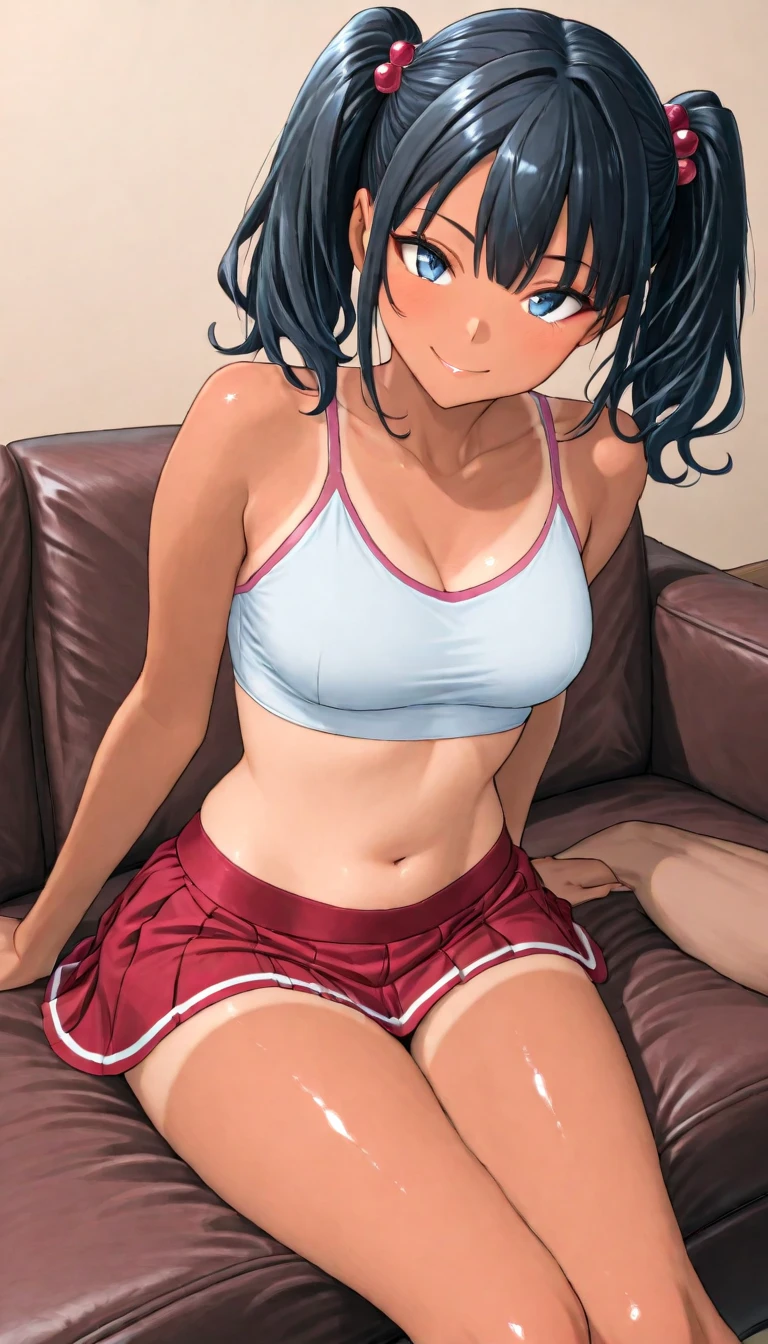 1 toon girl sitting on a couch with her feet resting on a table, wearing sports bra and shorts. she is barefoot and her soles are visible
