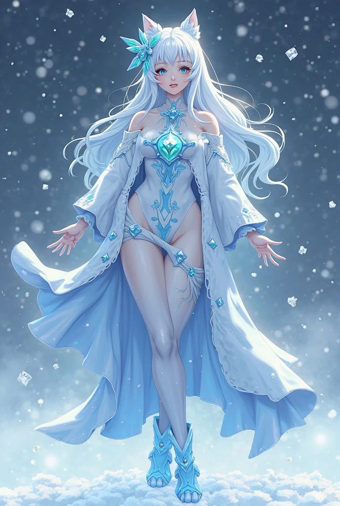 wood, Detailed mini ice spikes and crystals, Frozen waterfall as background, Light reflected on ice crystals, Flowing snowflakes.Beautiful woman、white hair、cutegirl,Realistic people,black dress
