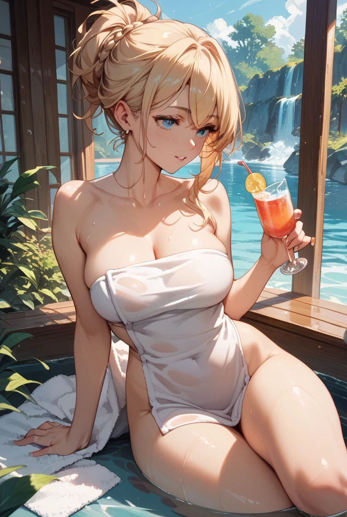 Highest quality,Highest Resolution,A crying beauty in a super high-cut swimsuit,Night Pool,Night view,Back view,up,Very beautiful eyes,(((Drink a drink))),(((Open your mouth and drool))),(((Sweat profusely)))Tears,Big Breasts,(((Ｔback)))