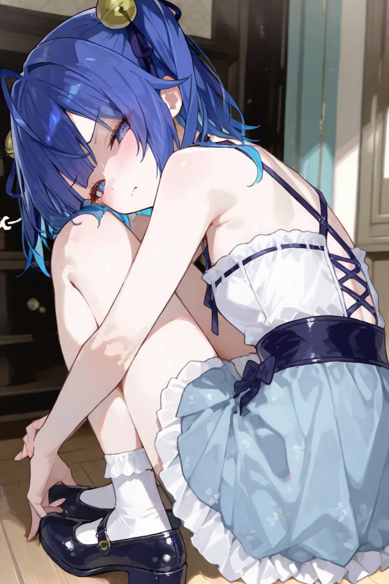 NSFW,masterpiece,Highest quality,High resolution,Super detailed,Star Town Suisei\(Hololive\),Blue Hair,One Side Ponytail,Blue Eyes,Small breasts,(High-quality see-through dress),Estrus,A tense face,blush,(Sweat),Luxurious Room,Party Venue,chandelier,(Middle-aged men),A man puts his hands on her waist and hugs her,Having sex,Insert,Creampie,heart