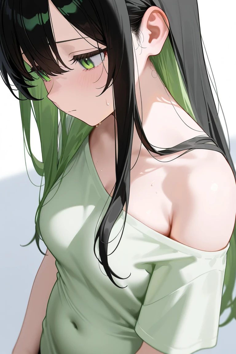 (masterpiece:1.2, Top quality),, Nice illustration, (Natural side light, light), 
Looking at the audience, 1 girl, Green Hair，Cleavage，Low-cut，Burgundy T-shirt，Black hip skirt，Big breasts
