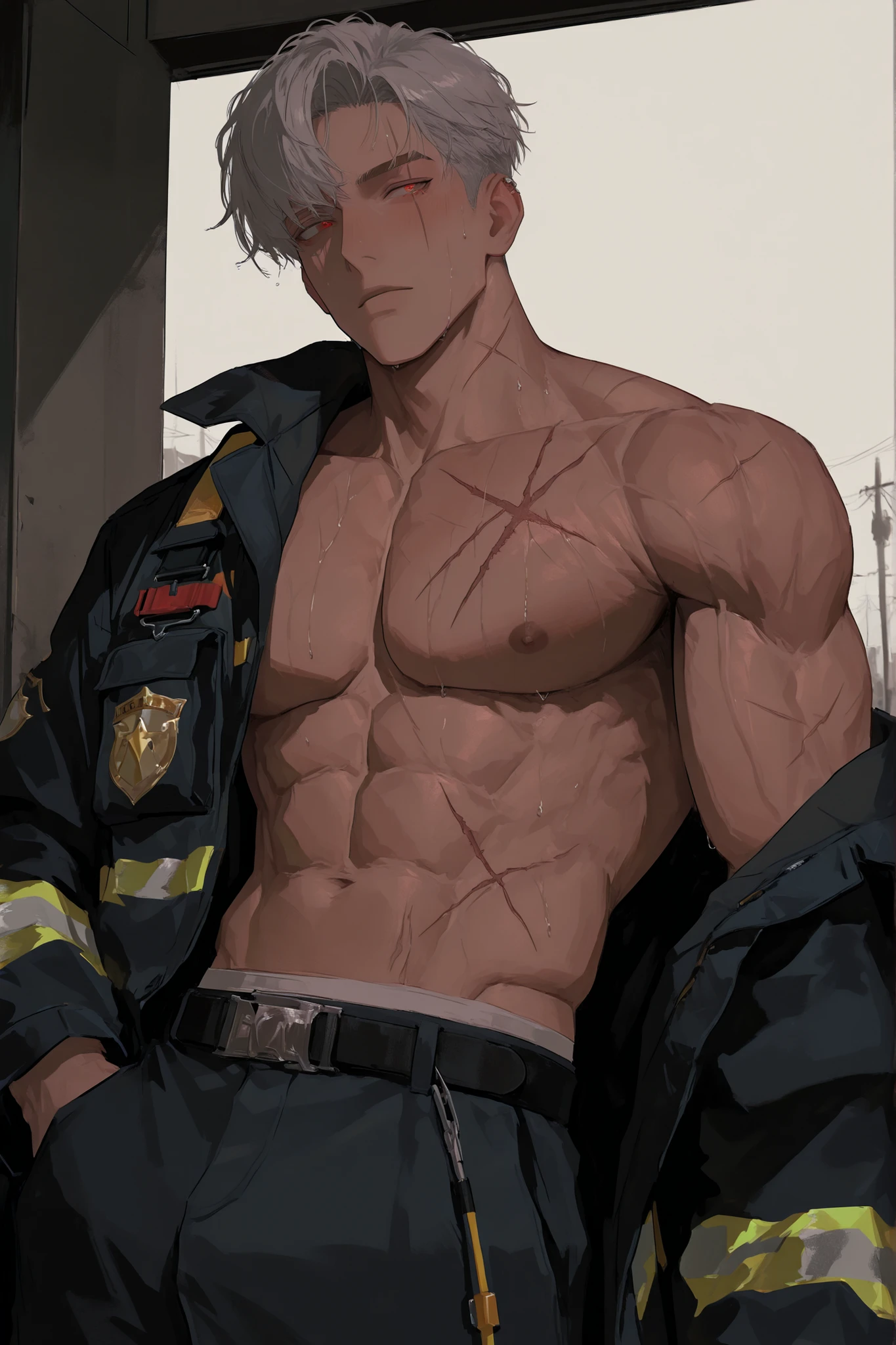Hector Fei, Solo, Looking at the Audience, Bad Laugh, Open Mouth, Sweating, Drenching, Wet, Drooling, Gloves, 1boy, Sitting (straddling), Male Focus, Crotch View (Crotch Sweating), Crotch Closeup, Tie, Shirt, Belt, Rope (Tied), Pectoral (Sweating Pectoral Muscles), Abs (Sweating Abs), From Below, Castle View